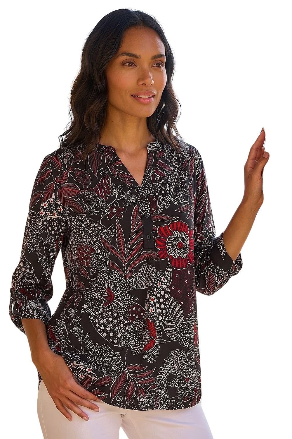 Roman Originals Women's Floral Puff Red Roman Shirt For Uk Top Collarless Blouse Stretchy Tunic Smart Casual Autumn Winter Jersey 3/4 Length Sleeve Notch V Neck Flattering Office Work - Size 20
