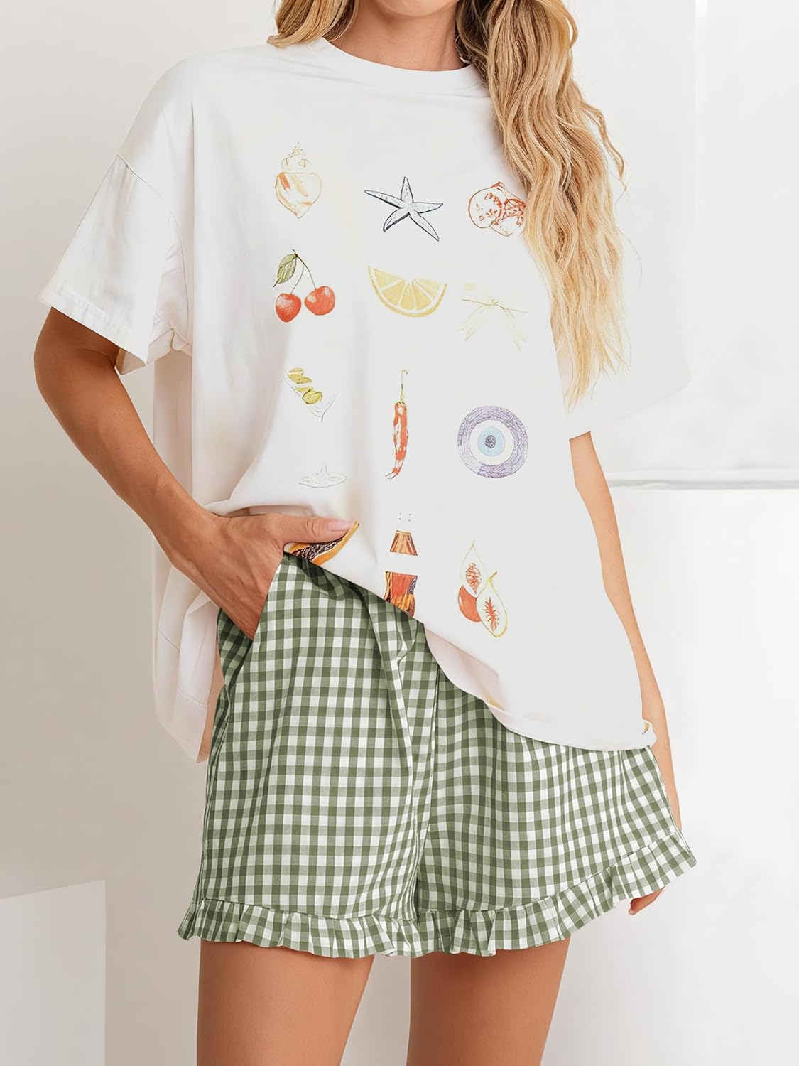 ANRABESS Womens Ruffle Boxer Shorts Pajama Gingham Shorts Summer Casual Lounge Sleep Plaid Beach Bottoms Pockets 2026 Trendy - Image 5