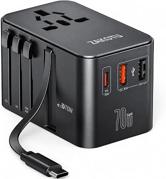 70W Universal Travel Adapter, 5-in-1 International Power Adapter with Retractable USB-C Cable, PD 3.0 Dual USB, Type A C G I Plugs for EU, US, UK, Australia and 200+ Countries, Fast Wall Charger