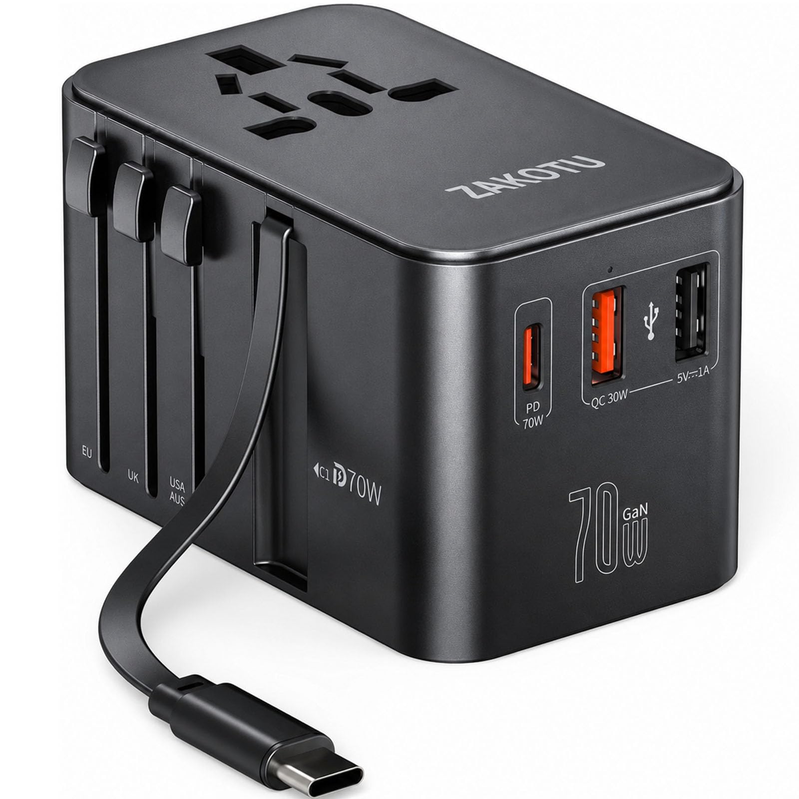 Universal All in One 70W, Worldwide Travel Adapter with PD3.0 Dual USB, International Plug Adapter with Retractable Cable, International Power Adapter with Type I C G A Outlets 110V 220V EU US UK-image-21
