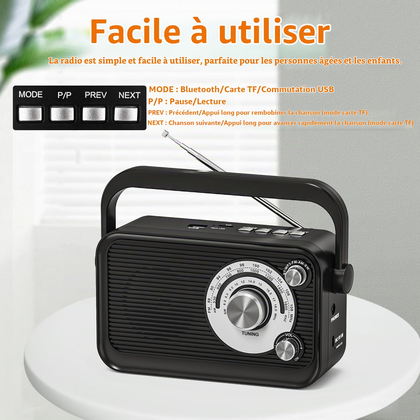 Radio Portable, Radio Portables FM/AM/SW, Alimentation Électrique et Piles, Radio à Piles avec Fonction Bluetooth et MP3, Radio Pourbureau/Cuisine/Camping/Urgences