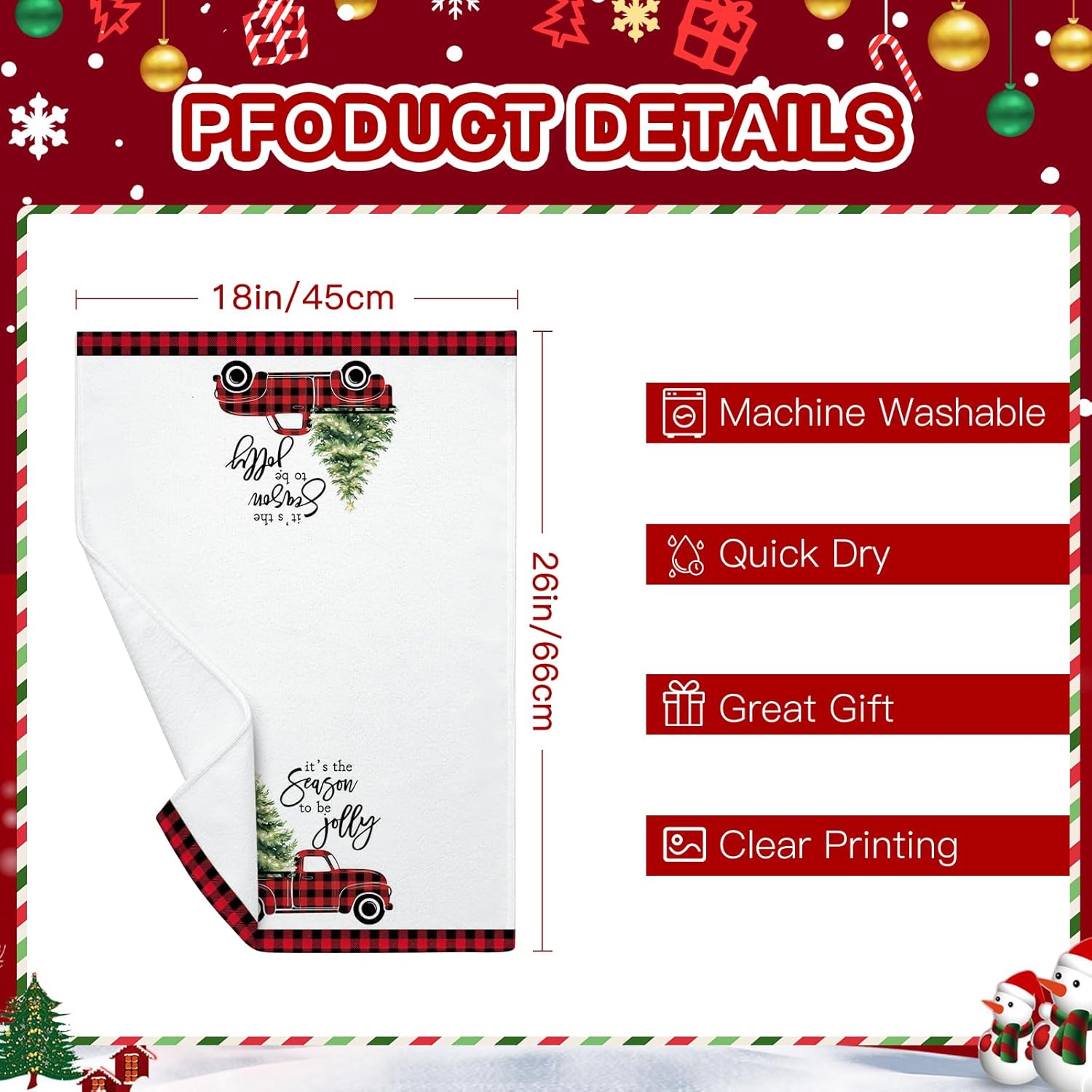 OTOSTAR Merry Christmas Black Red Buffalo Plaid Kitchen Towels Dish Towels 18x26 Inch, Set of 4 Christmas Tree and Truck Winter Decoration Hand Towels for Cleaning Cute Design Home Decor - Image 3