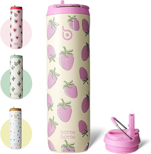 Miniatura 12 de BOTTLE BOTTLE Botella de agua aislada de 24 onzas con tapa de popote y asa para deportes, viajes, gimnasio, botellas de agua de acero inoxidable,