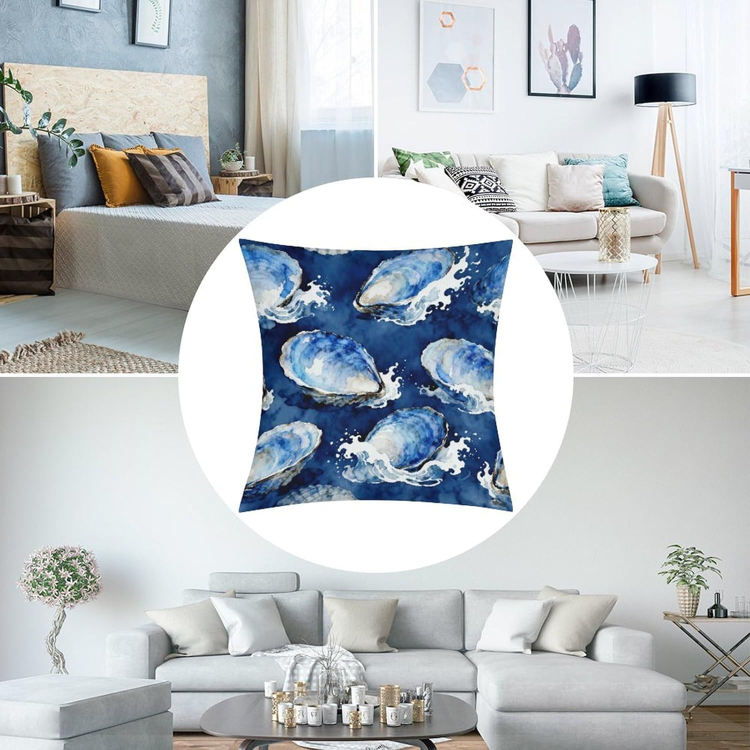 Blue Abalone Mollusk Shell Patten Pillow Protectors Cute Waterproof Pillow Cover Soft Skin-Friendly Cushion Case Decorative Square Cushion Cover for Couch Sofa Bed Living Room Bedroom
