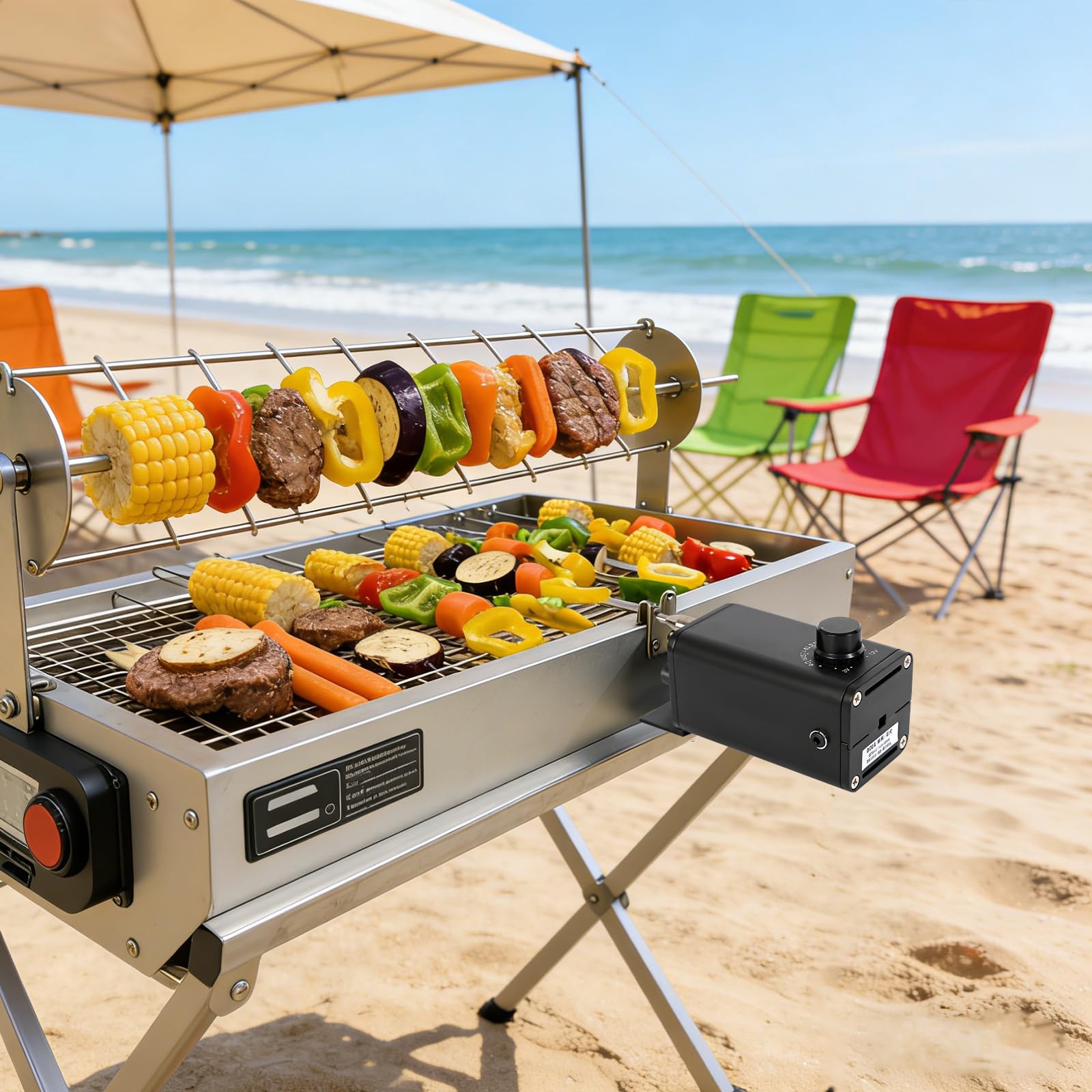 Elektrischer Rotisserie Motor 15W, Grillmotor mit Einstellbarer Geschwindigkeit 13–56 U/min, Drehspieß Motor 3–12V aus Aluminium, BBQ Motor mit Adapter & Autobatteriekabel für Grillspieß, Camping