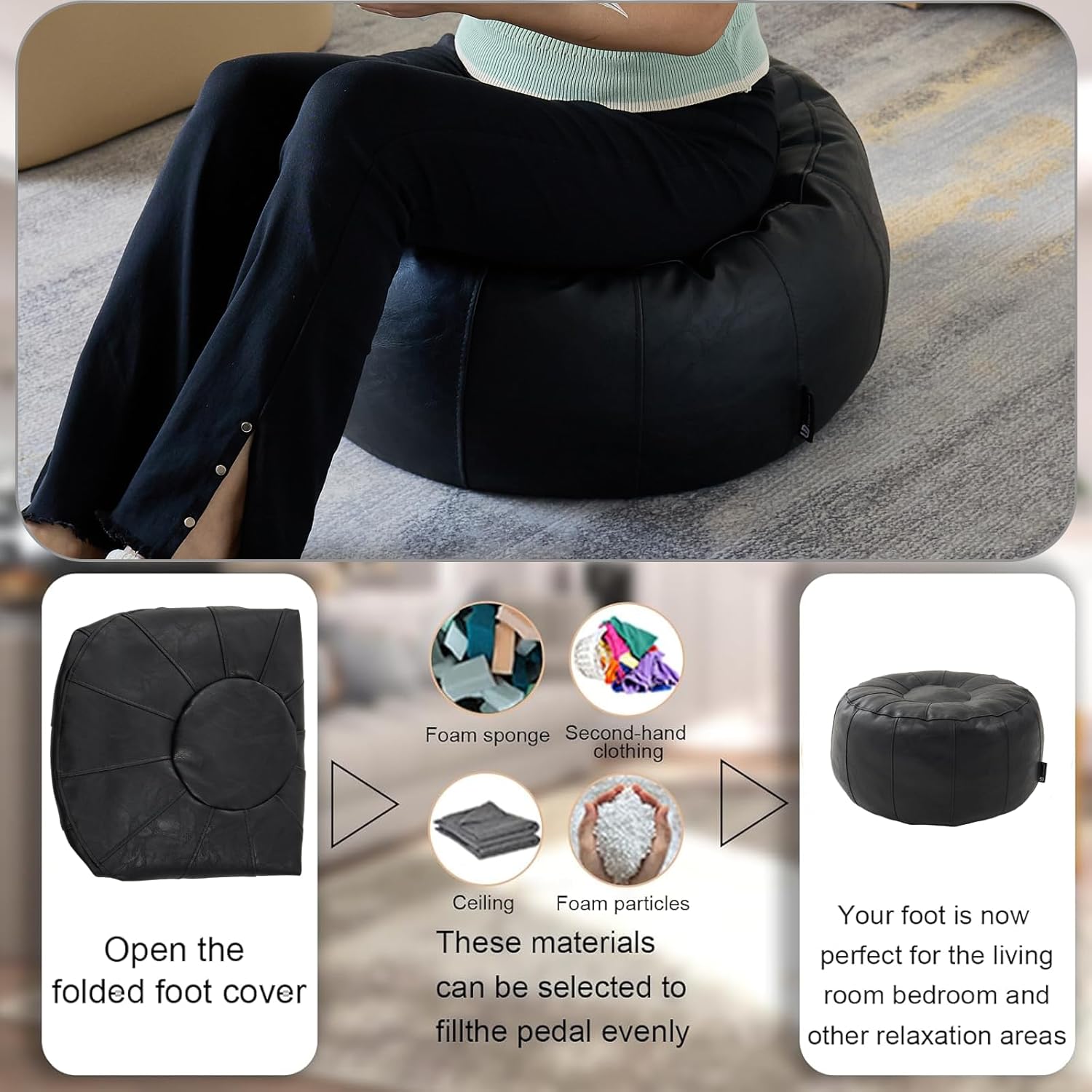 Pouf Ottoman Cover, Handmade Faux Leather Pouf Unstuffed Ottoman Moroccan Footstool, Floor Footrest Cushion, Storage Solution - Natural Black Color (21x13) Poufs for Lving Room Gifts (black-158)
