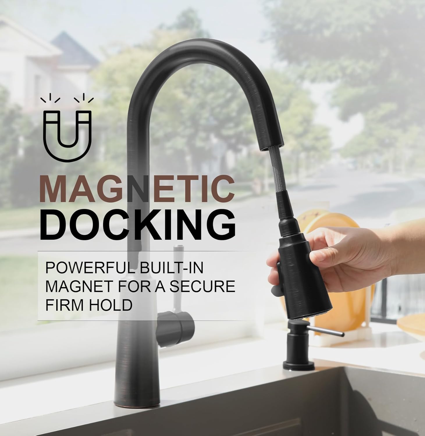 Matte Black Soap Dispenser for Kitchen Sink, Modern Kitchen Sink Faucet with Magnetic Docking Spray 2-Function, KF241-MB-21