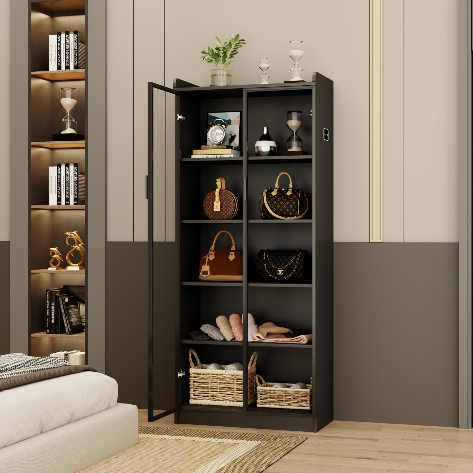 Vitrina con puertas y estantes ajustables, estantería de 65 pulgadas de alto con luces LED/sensor humano, vitrina de 5 niveles para coleccionables, dormitorio, sala de estar, oficina, color negro,