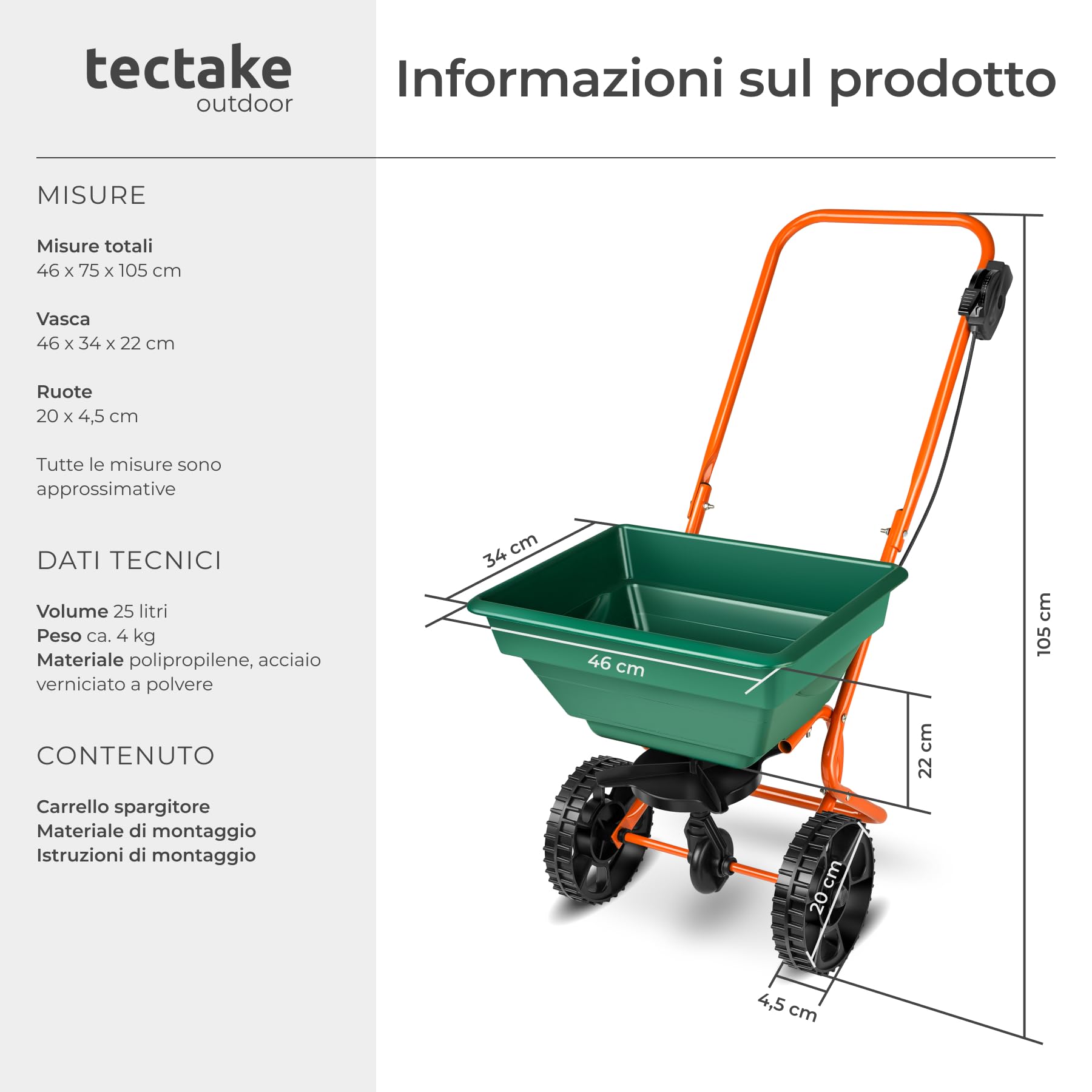 tectake® Carrello con Ruote Portatutto, Carrello Spargitore Volume 25L, Carriola da Giardino per Semi, Concime, Fertilizzante, Sale Antigelo, Manutenzione Inverno e Giardinaggio, Ruote Grandi - Verde