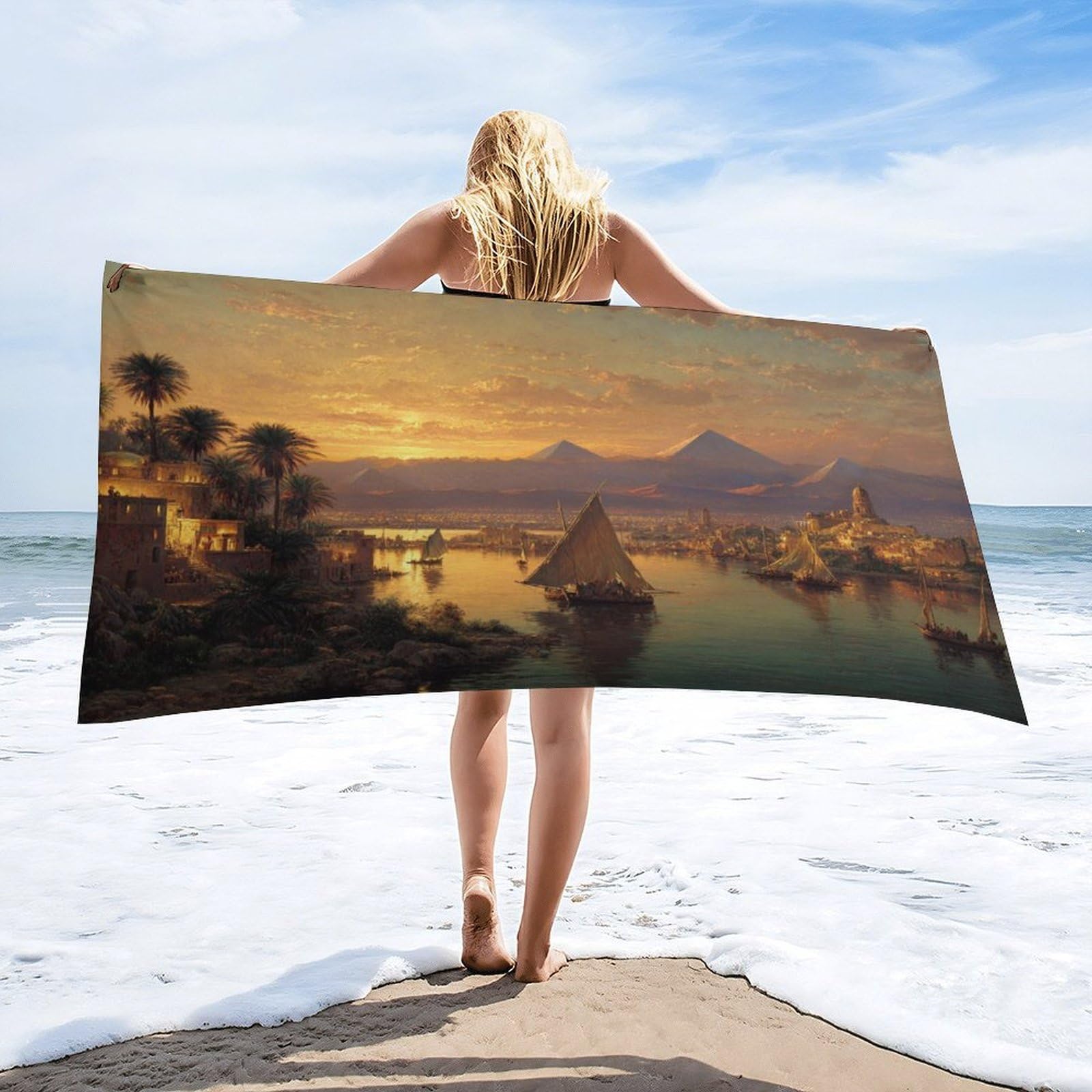 Luyysky Beautiful Vintage Egyptian Pyramid Absorbent Beach Towel, Classic Natural Sunset Lanscape Tropical Palm Trees Ships Outdoor Single-Sided Velvet Beach Towel-80 W Cm X 160" L Cm