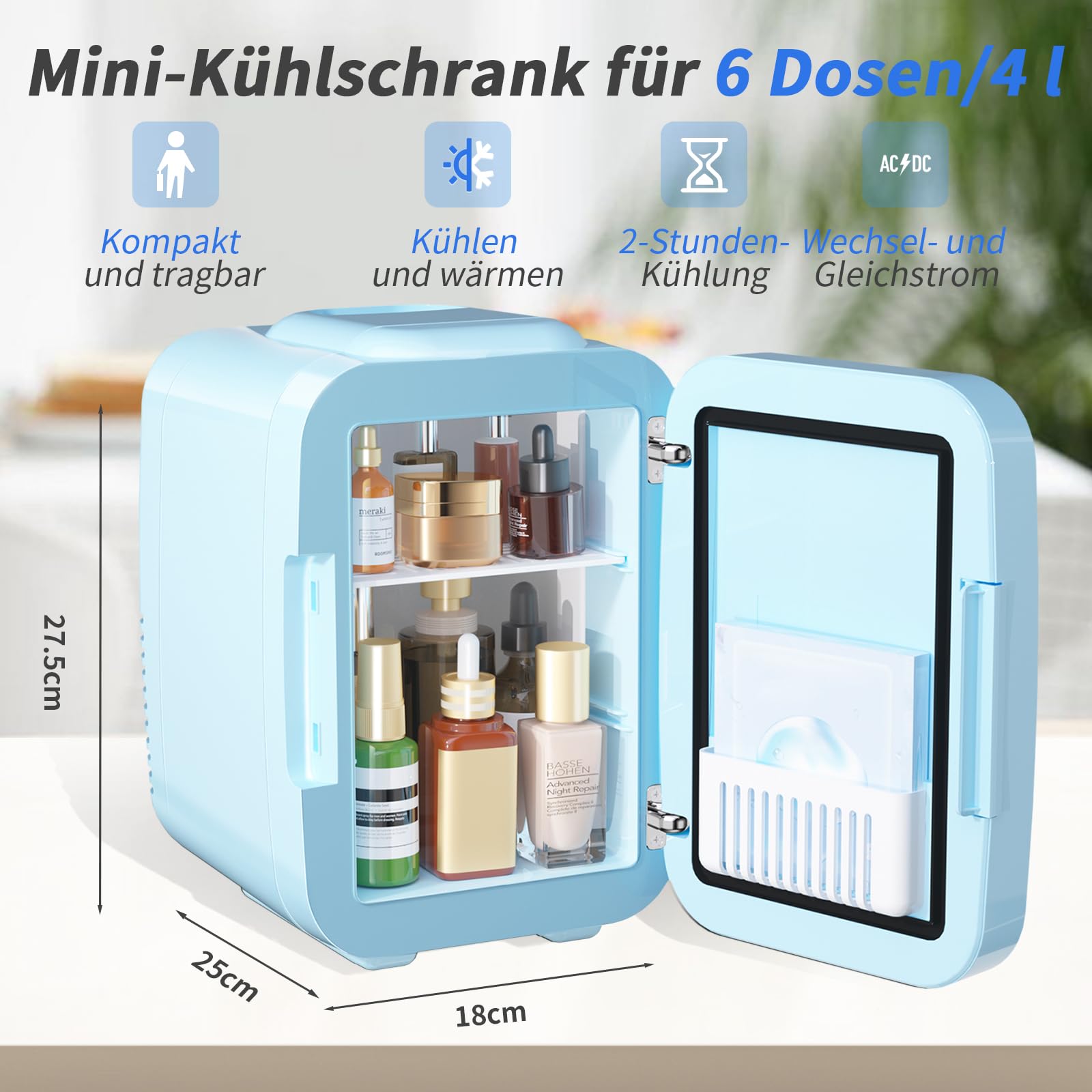 YASHE Mini Kühlschrank, Skincare-Kühlschrank mit LED-Lichtspiegel, 4-Liter-Kleinkühlschrank tragbar, 220V AC / 12V DC Thermoelektrische Heizung und Kühlung für Auto, Büro, Wohnheim (Blau)