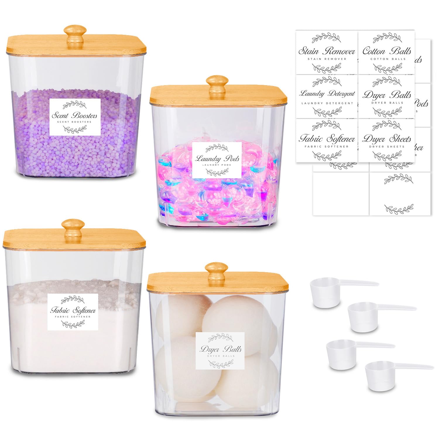 efluky 4 pack Laundry Pods Container & Dryer Sheet Holder Set,Clear Laundry Room Organization Containers with Bamboo Lids and Labels,Laundry Pods Holder for Scent Booster,Powder,Pod