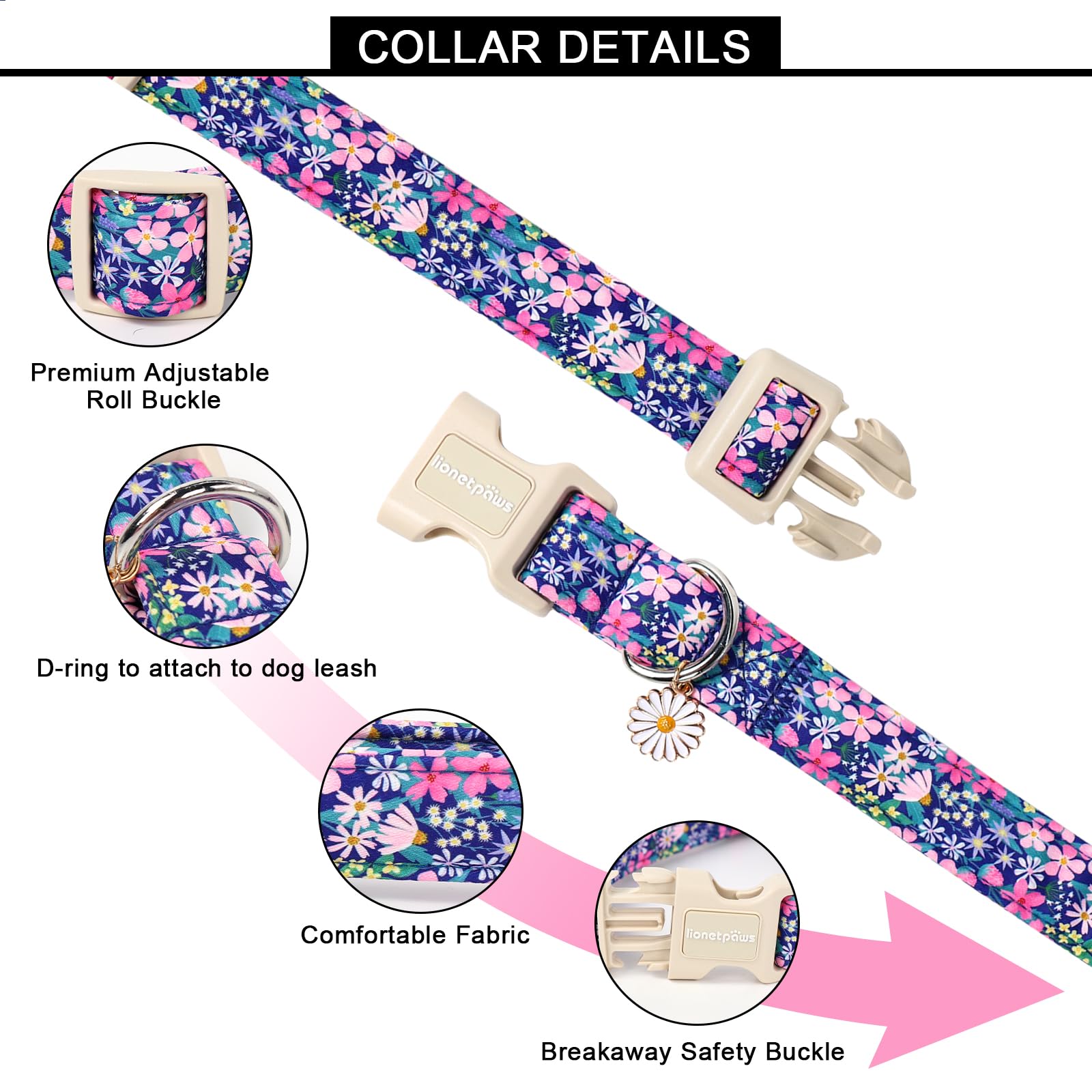 Lionet Paws Floral Dog Collar- Cute Spring Wildflowers Daisy Fleabane Dog Collars with Plastic Buckle - Image 2