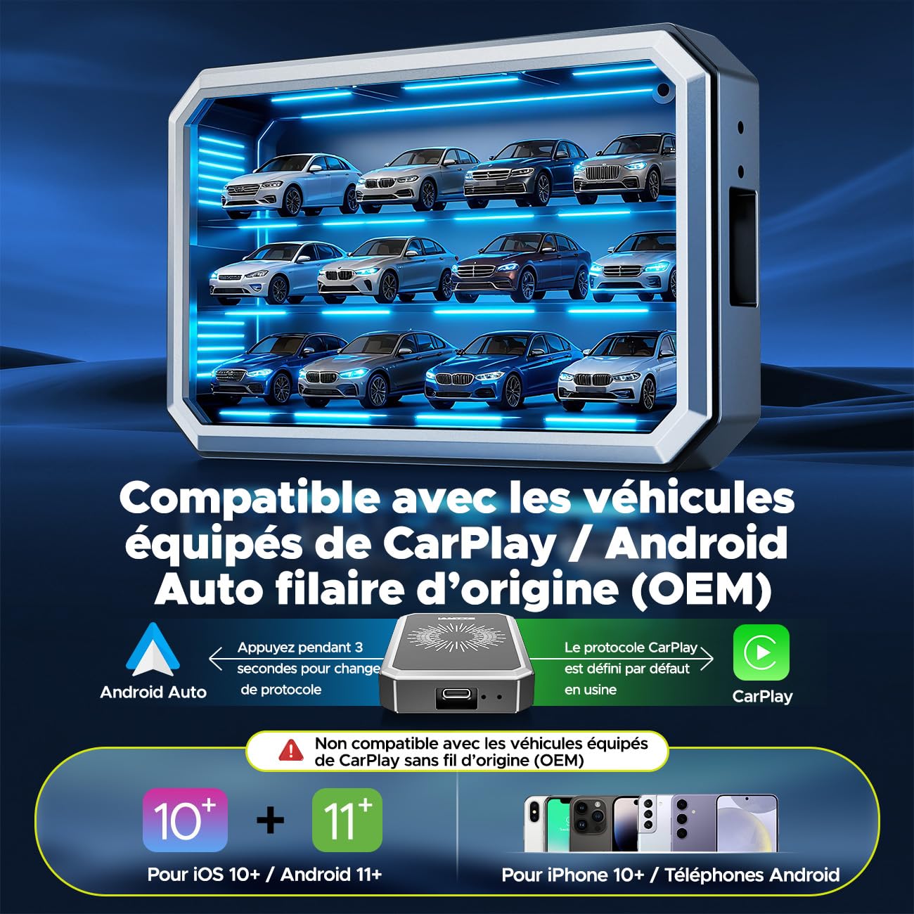 LAMTTO Adaptateur CarPlay sans Fil, AI Box Android avec Google Play Store, Gemini AI, CarPlay & Android Auto sans Fil, HDMI, AirPlay, Lecture USB, WiFi Double Bande, Bluetooth, OTA