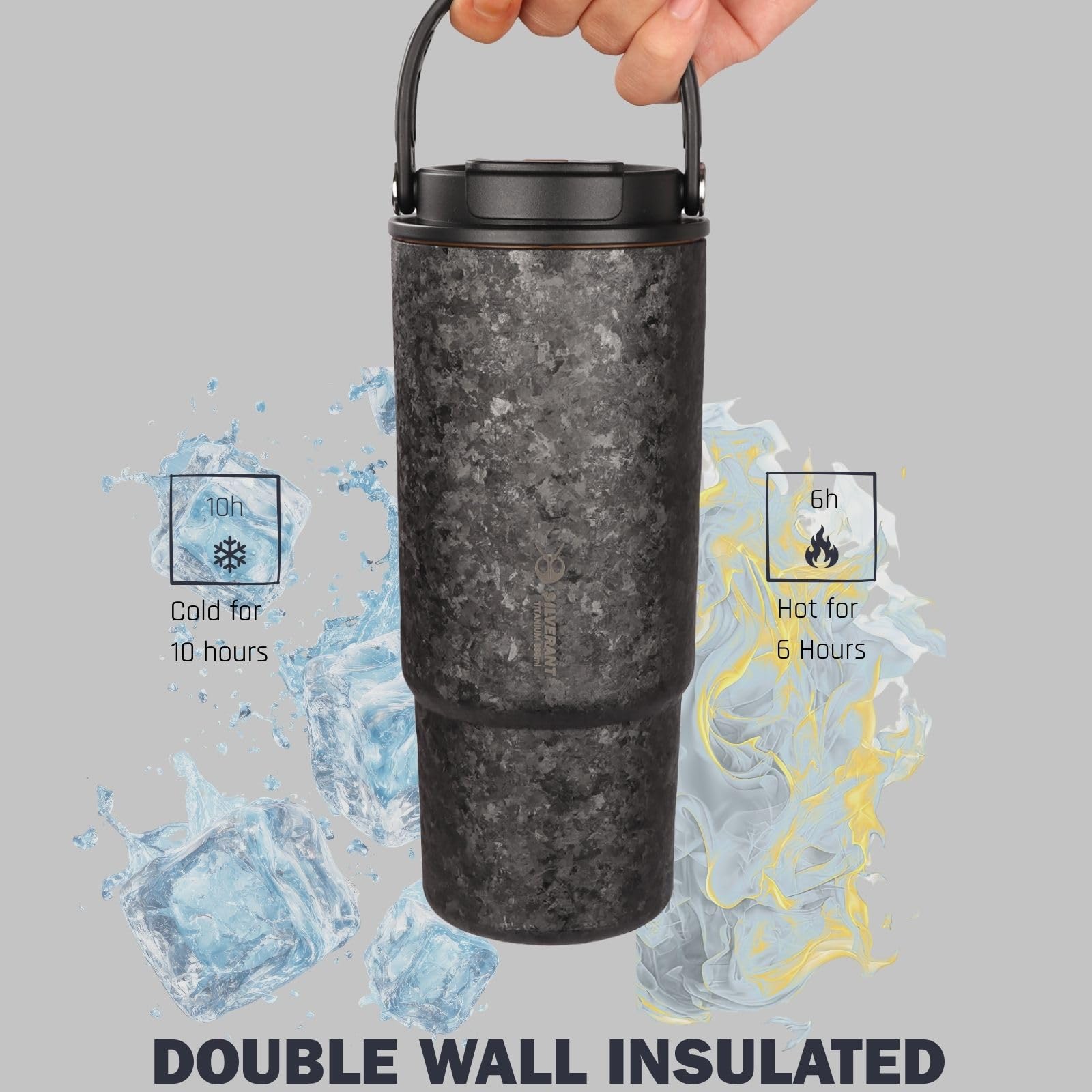 SILVERANT Gobelet isotherme en titane - 880 ml / 29,7 oz avec poignée et double paille intégrée au couvercle - Compatible avec les porte-gobelets de voiture - Noir cristallisé