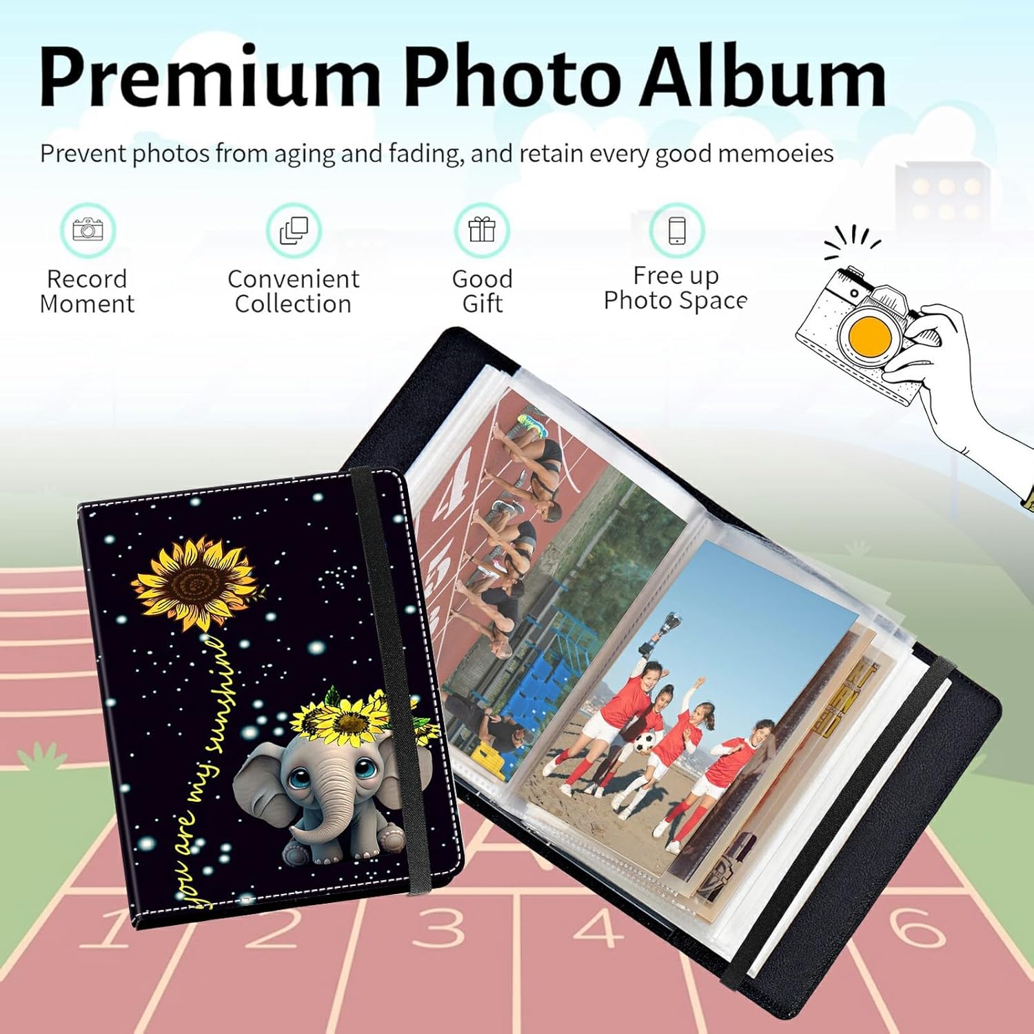 Photo Album 5x7" 120 Photos Pockets PU Leather Cover Photo Albums with Inner Transparent Pockets and Elastic Band Design for Family Anniversary Wedding Baby Pets,Elephant Sunflower