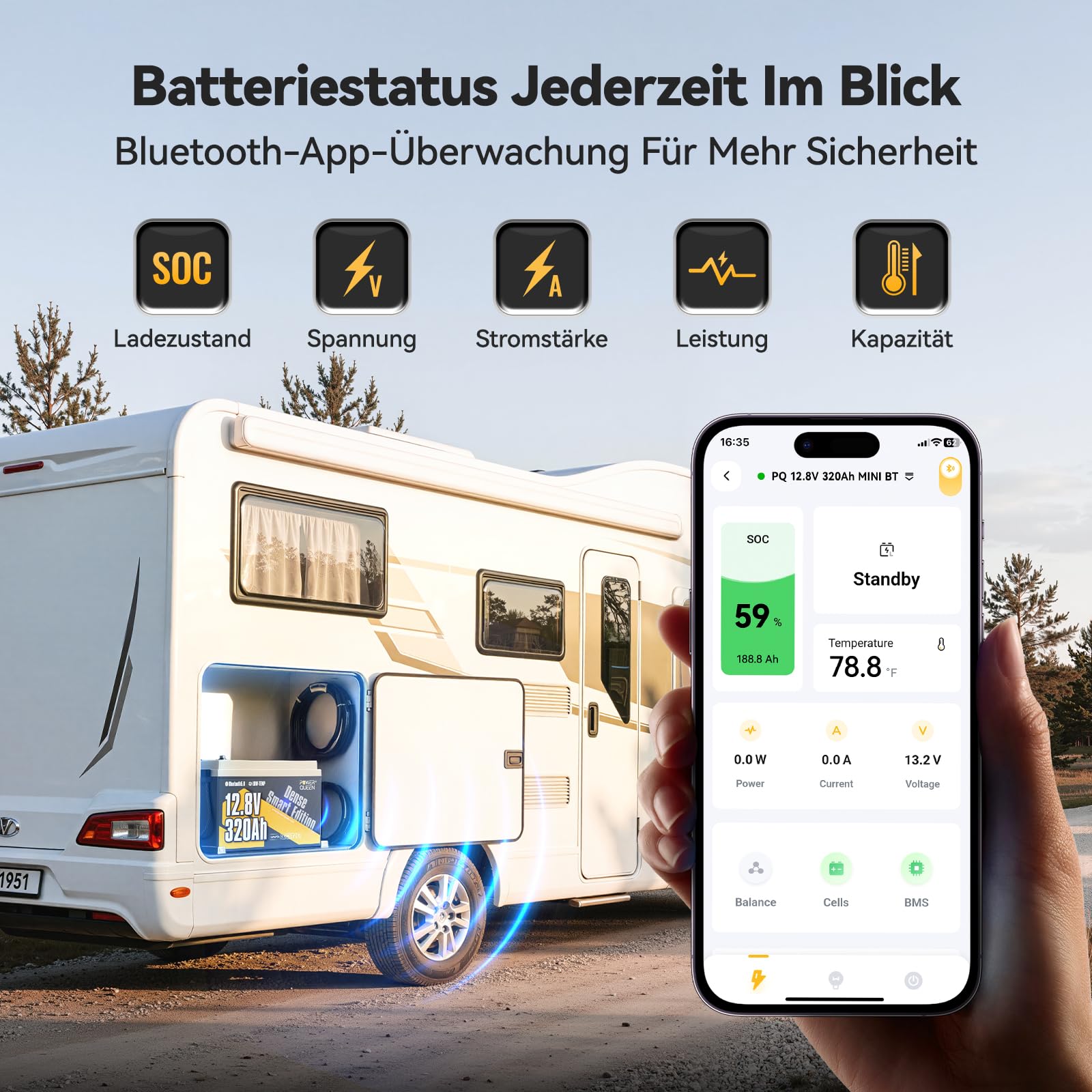 Power Queen 12V 320Ah W190 Bluetooth Batterie Lithium Camping-Car Caravane