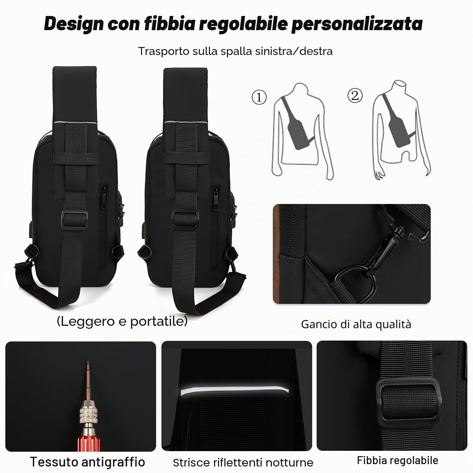 FANDARE Antifurto Zaino a Monospalla Uomo Borsello Tracolla con USB Borse a spalla da palestra Grande Capacità Zaini da escursione Borsa Monospalla per Viaggio Weekend Sling Chest Bag