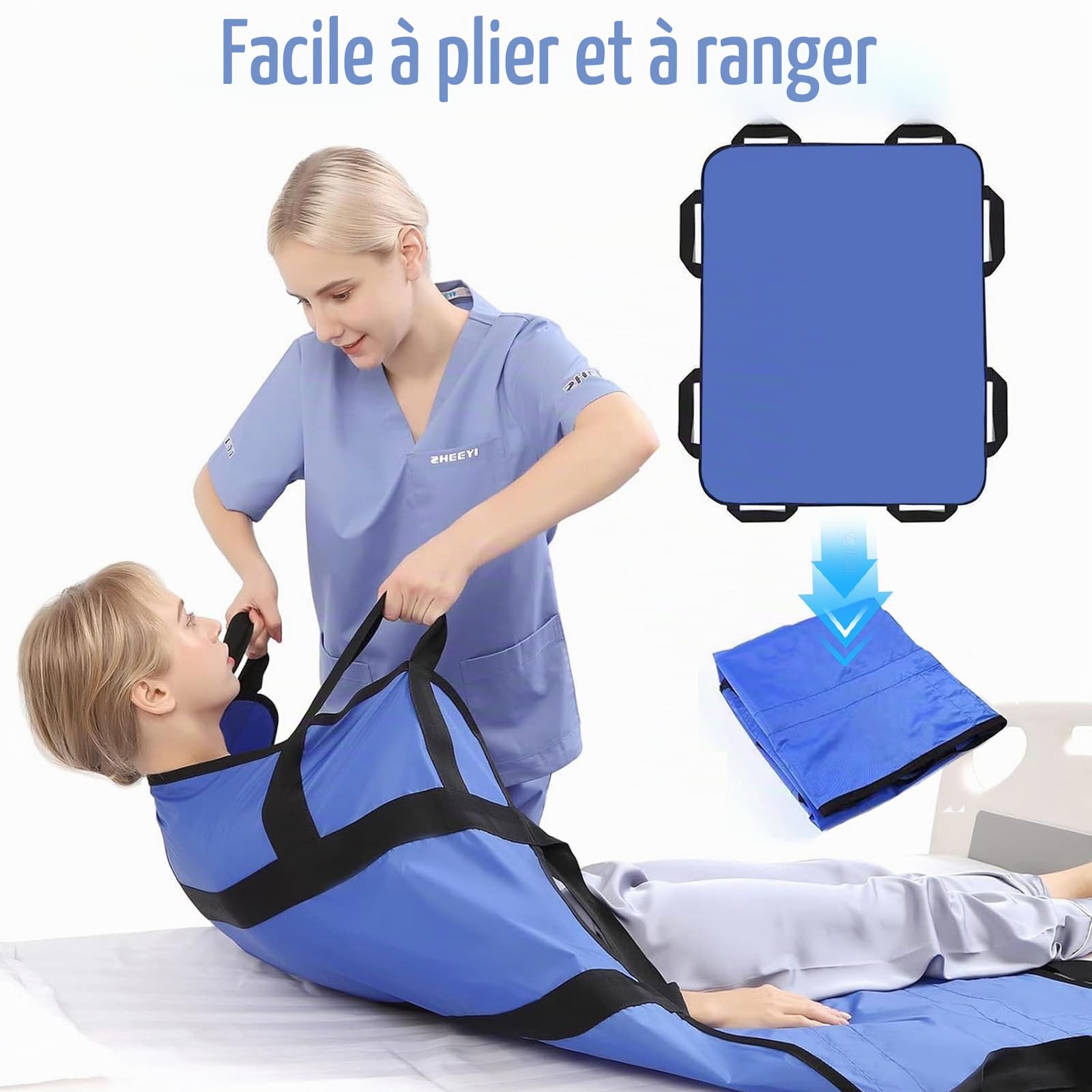 Planche de transfert pour élévateur de patients, 122 x 102 cm, avec 8 poignées, chiffon coulissant pour personnes alitées, avec poignée pour personnes en surpoids, personnes âgées et patients, bleu