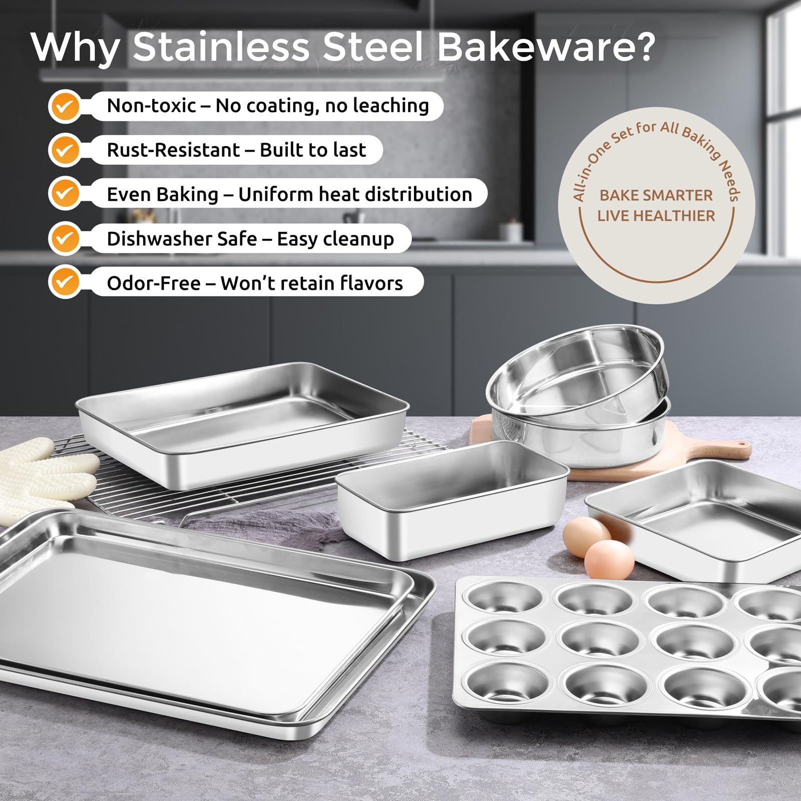 E-far 9-teiliges Backformen-Set, Edelstahl-Backformen-Sets für Blech, Kuchen, Kekse, Brot, Muffin, inklusive Backblech, rund, quadratisch, rechteckig, Backform und Kühlgitter, spülmaschinenfest