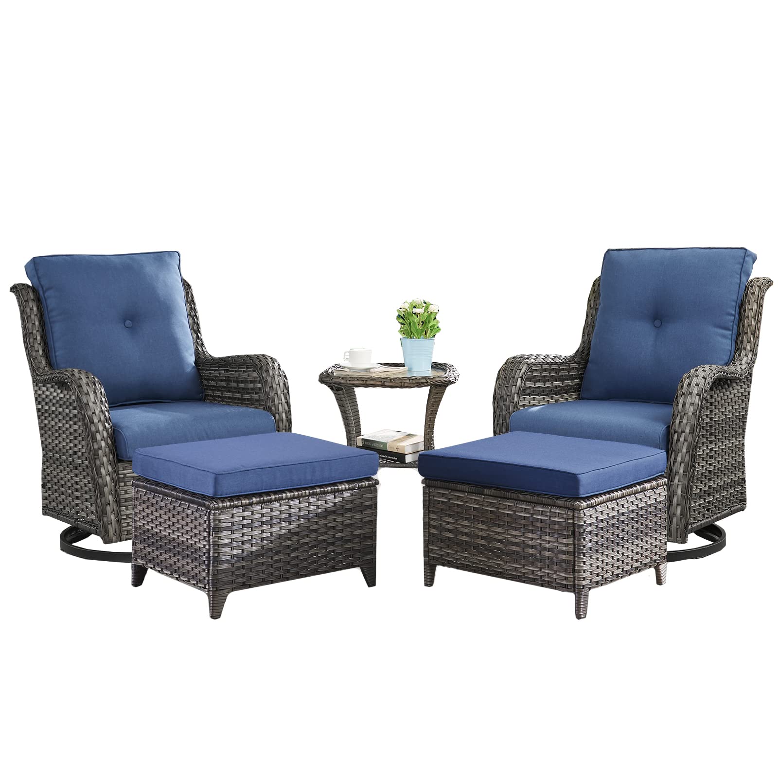Wicker Patio Furniture Set - 5 Piece Rattan Outdoor Sectional Conversation Sets with 2 Swivel Rocking Chairs,2 Ottomans and 1 Side Table for Porch Deck Garden(Mixed Grey/Blue)