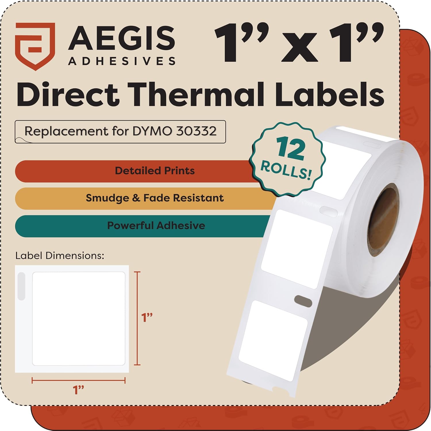 Aegis Adhesives - Replacement for DYMO 30332 (12 Rolls, 9000 Labels) - 1" X 1" Direct Thermal Square Barcode Name Labels - Compatible with DYMO LabelWriter 450, 450 Turbo, 4XL (Not 550, 5XL)