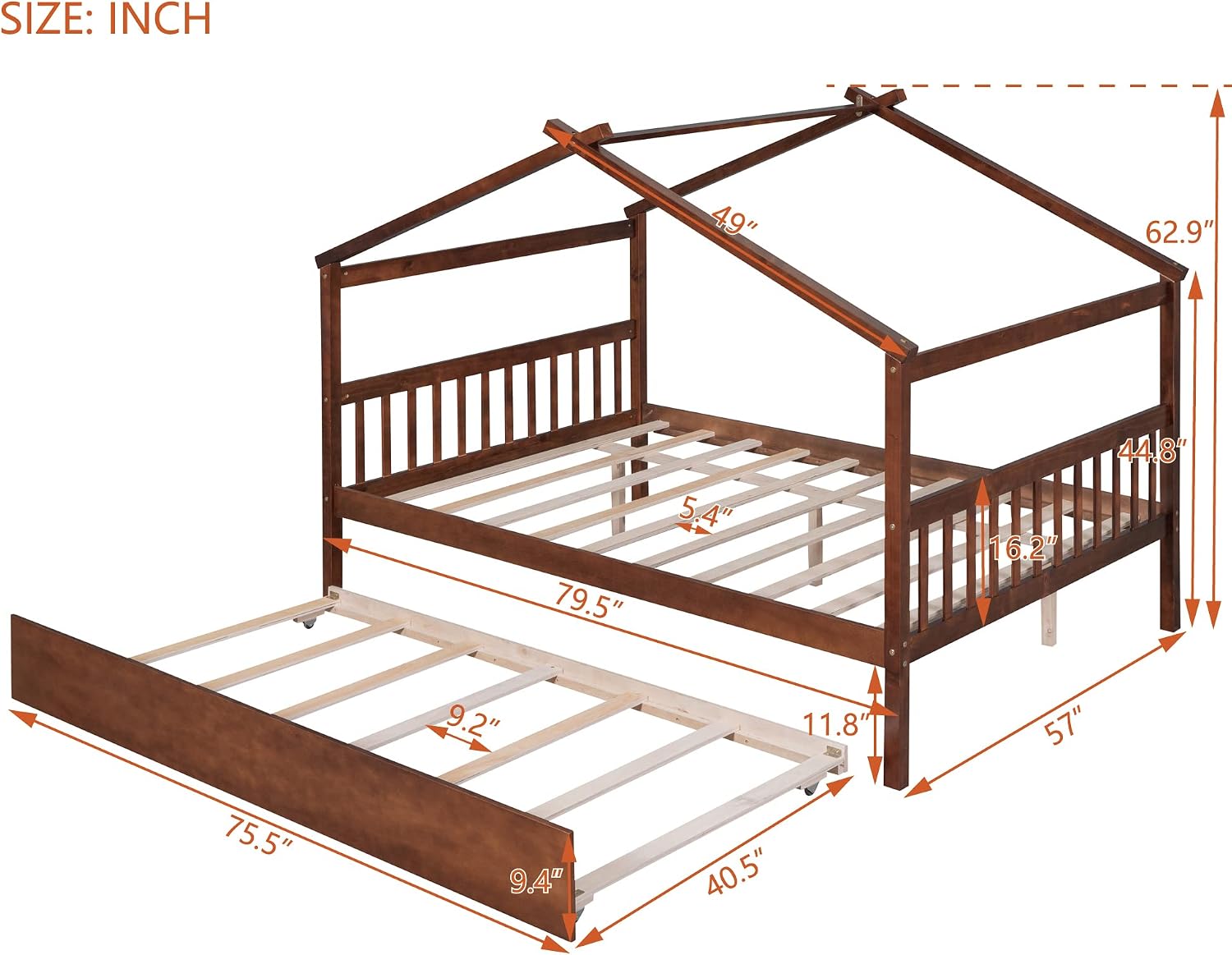 Full House Beds with Trundle Wooden Kids Montessori Bed Frame Wood Playhouse Tent Bed Frame for Girls Boys, Full Size, Walnut