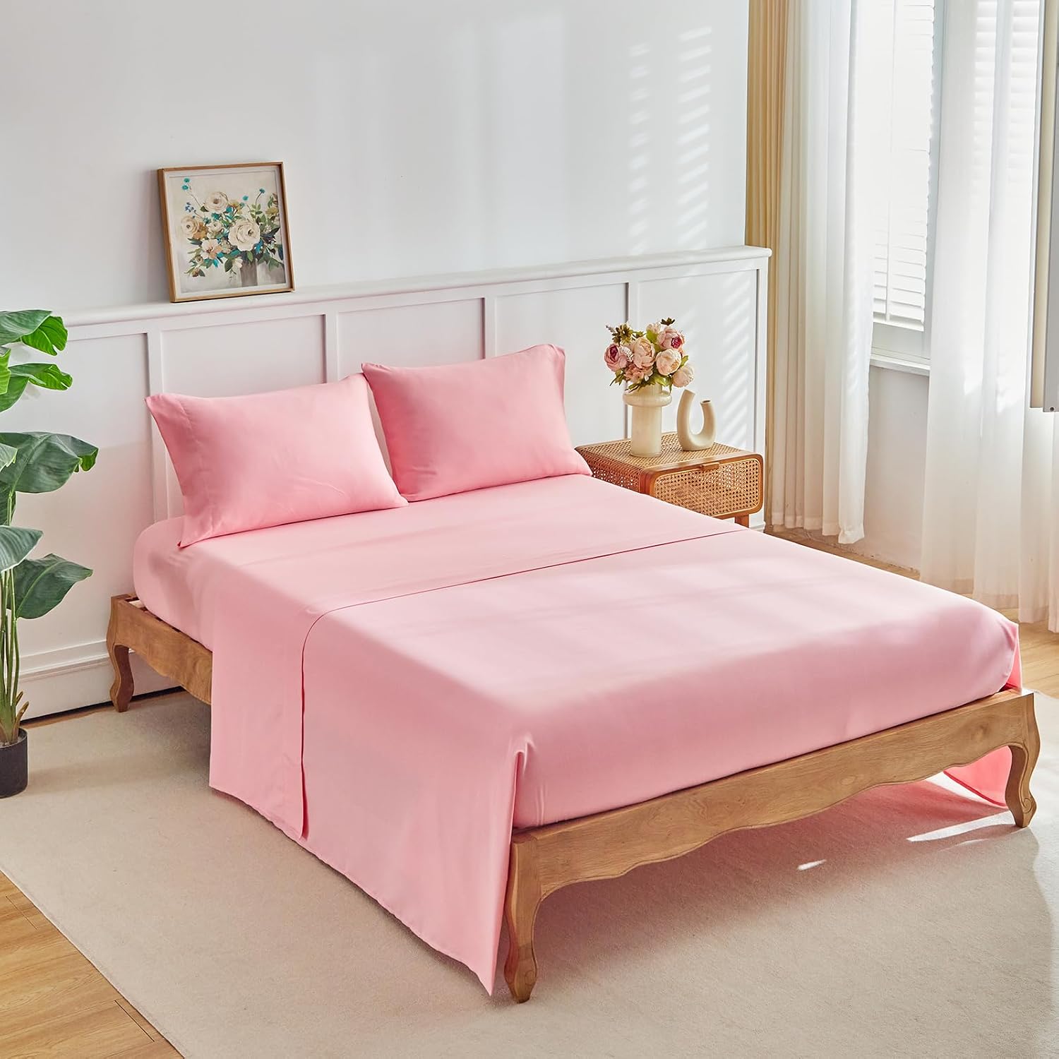 Floral Comforter Set 7 Pieces White with Light Pink Flowers Bed in a Bag King Size Reversible Bedding Set (1 Comforter 2 Pillow Shams 1 Flat Sheet 1 Fitted Sheet 2 Pillowcases)