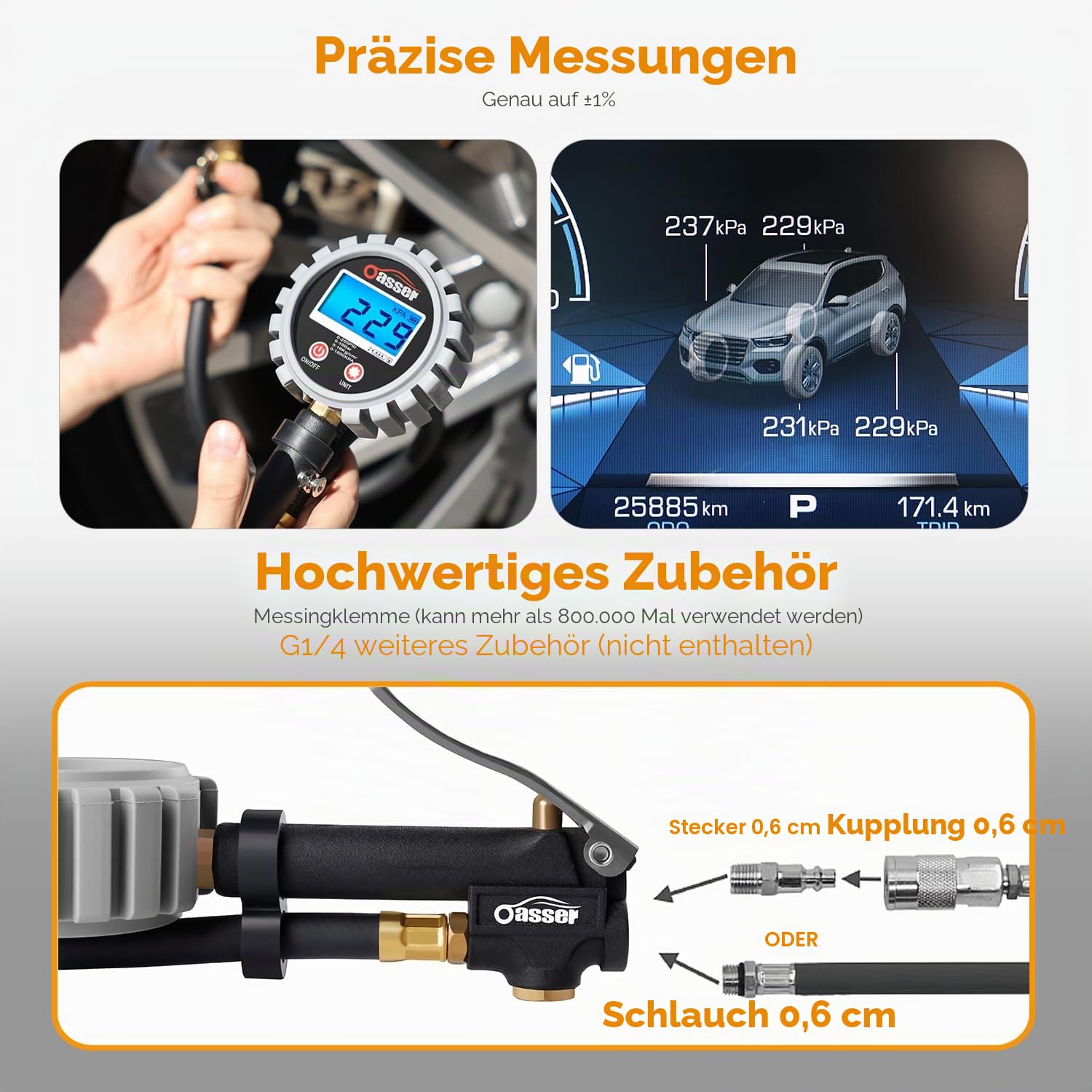 Oasser Professioneller Reifendruckmesser, digitales Manometer, Reifenfüller, 255 PSI, hohe Präzision, mit LED-Licht und LCD-Bildschirm für Auto, SUV, LKW, Motorrad und Fahrräder