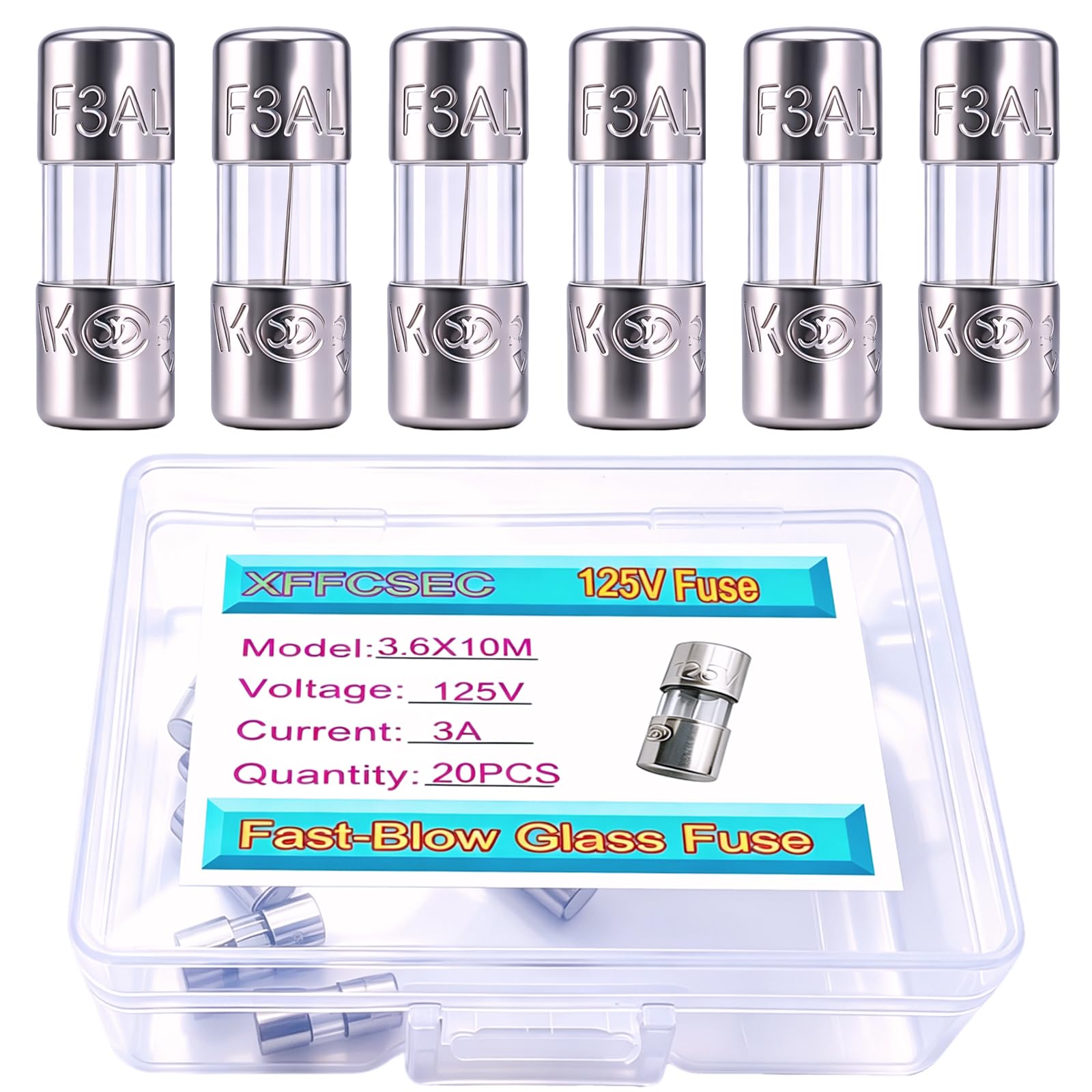 Micro fusibile da 3 A, 3 A, 125 V, 20 pezzi, mini fili di luci di Natale, fusibili di ricambio in vetro per luci LED e mini luci a stringa di spine di sicurezza. Dimensioni fusibile F3AL: 3,6