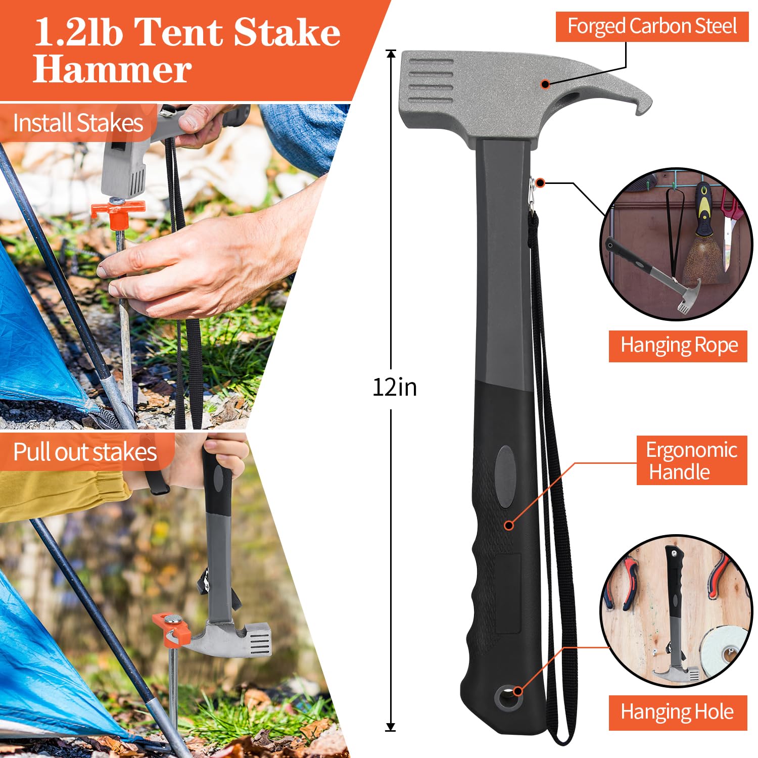 Set di 20 picchetti e martello resistenti da 25,4 cm, con custodia per riporre tende, teloni, teloni, tettoie, picnic, ombra (confezione da 20 picchetti da 25,4 cm + martello da 0,5 kg)