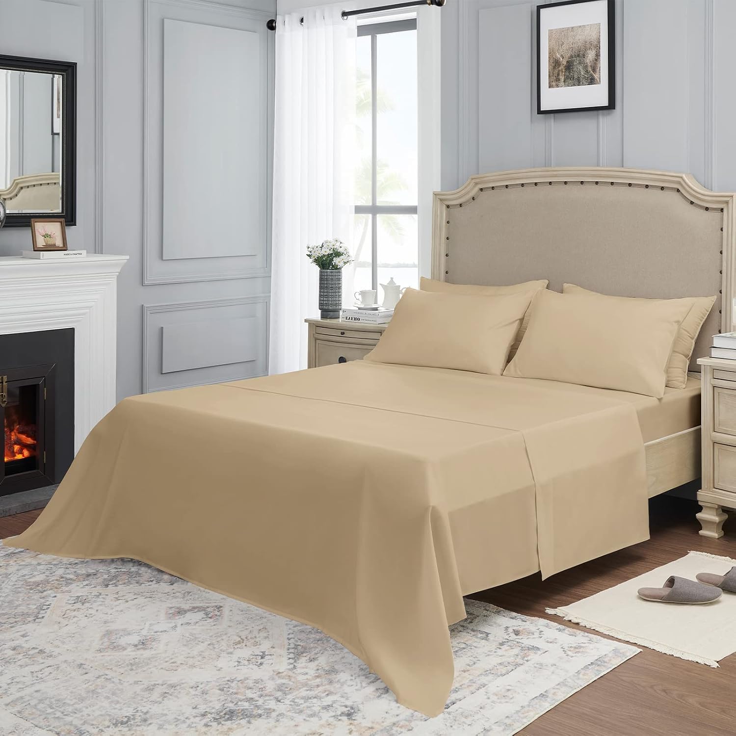 YIYEA Twin Sheets Set, Luxury 1800TC Hotel Quality Double Brushed Microfiber Bed Sheets for Twin Size Bed, Extra Soft, Deep Pocket, Shrinkage and Fade Resistant, 3PC (Twin, Khaki)