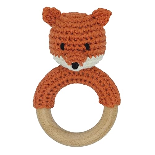 Miniatura 8 de Juguetes de sonajero de madera de animales de safari para bebé, sonajero de ganchillo relleno con anillo de mordedor para recién nacido, mono marrón