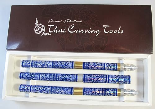 Miniatura 4 de Juego de 3 cuchillos tailandeses de talla de frutas y jabón de latón hecho a mano color azul