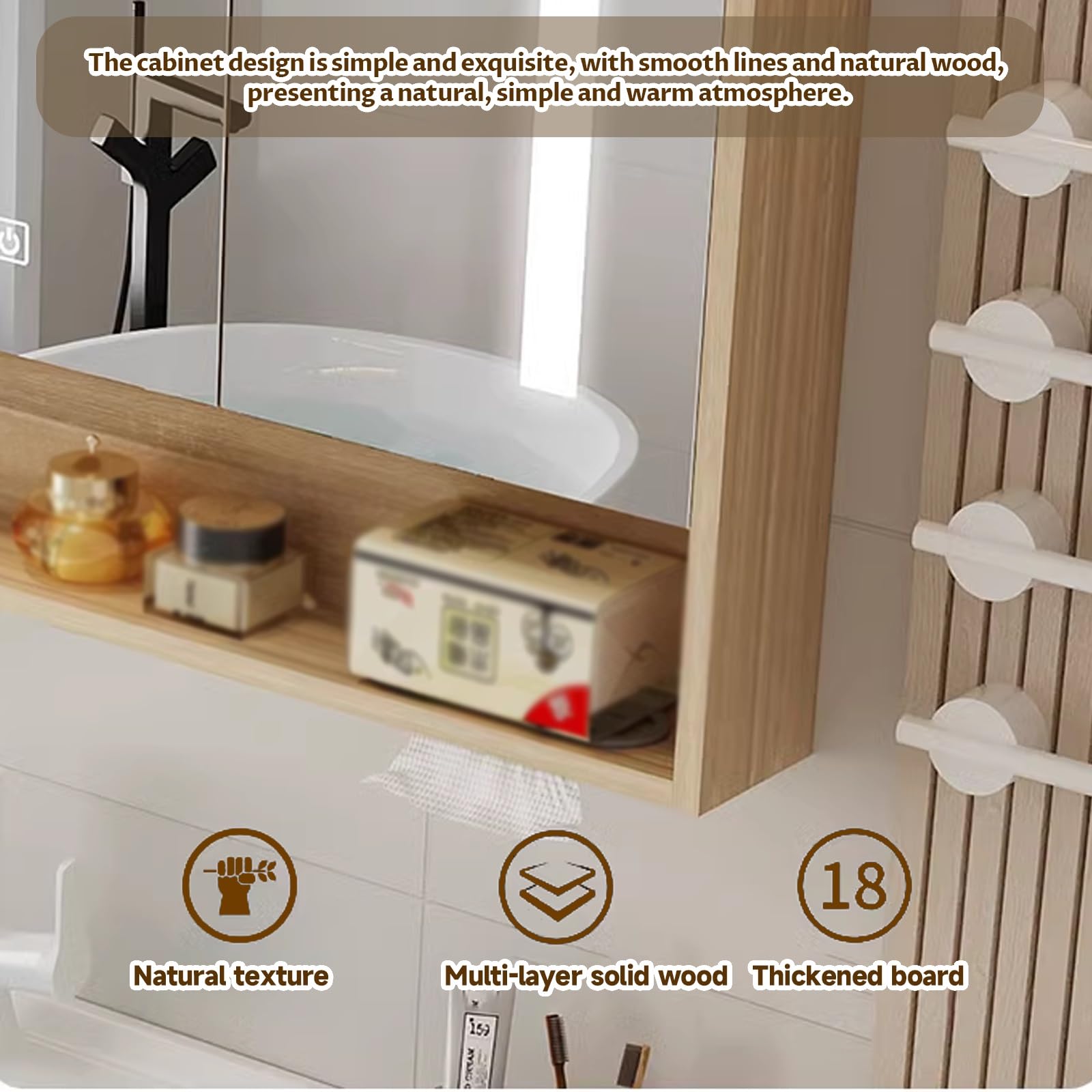 Mueble con Espejo de baño, Durable y silencioso/Orificio de Tejido humanizado/Accesorios de Hardware/Almacenamiento Dividido/Iluminación Suave(Wood,60cm/23.6in)