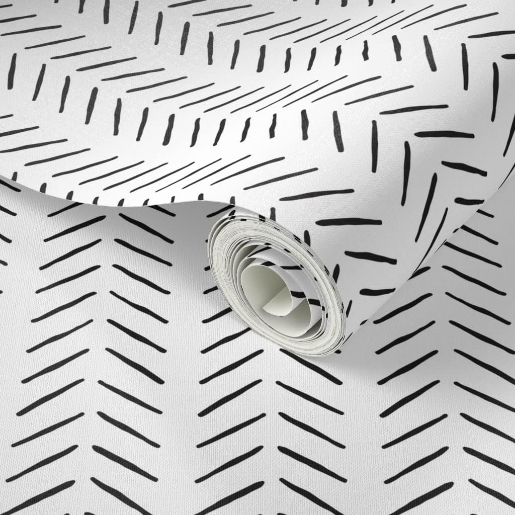Peel & Stick Wallpaper 3ft x 2ft - Black White Vertical Minimal Chevron Herringbone Ink Custom Removable Wallpaper by Spoonflower
