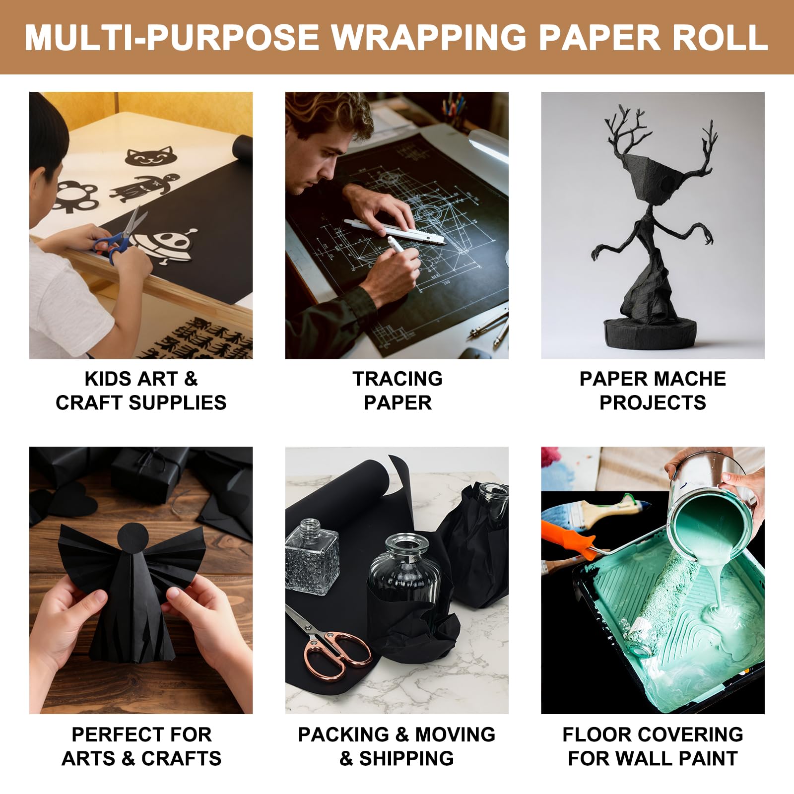 Moretoes Geschenkpapierrolle, 91,4 x 6,1 cm, Schwarz, Kraftpapierrolle für Geschenkverpackungen, Basteln, Pinnwand, Banner, Kunst, Blumenstrauß, Blumenverpackung, Umzug, Versand, 85 g/m²