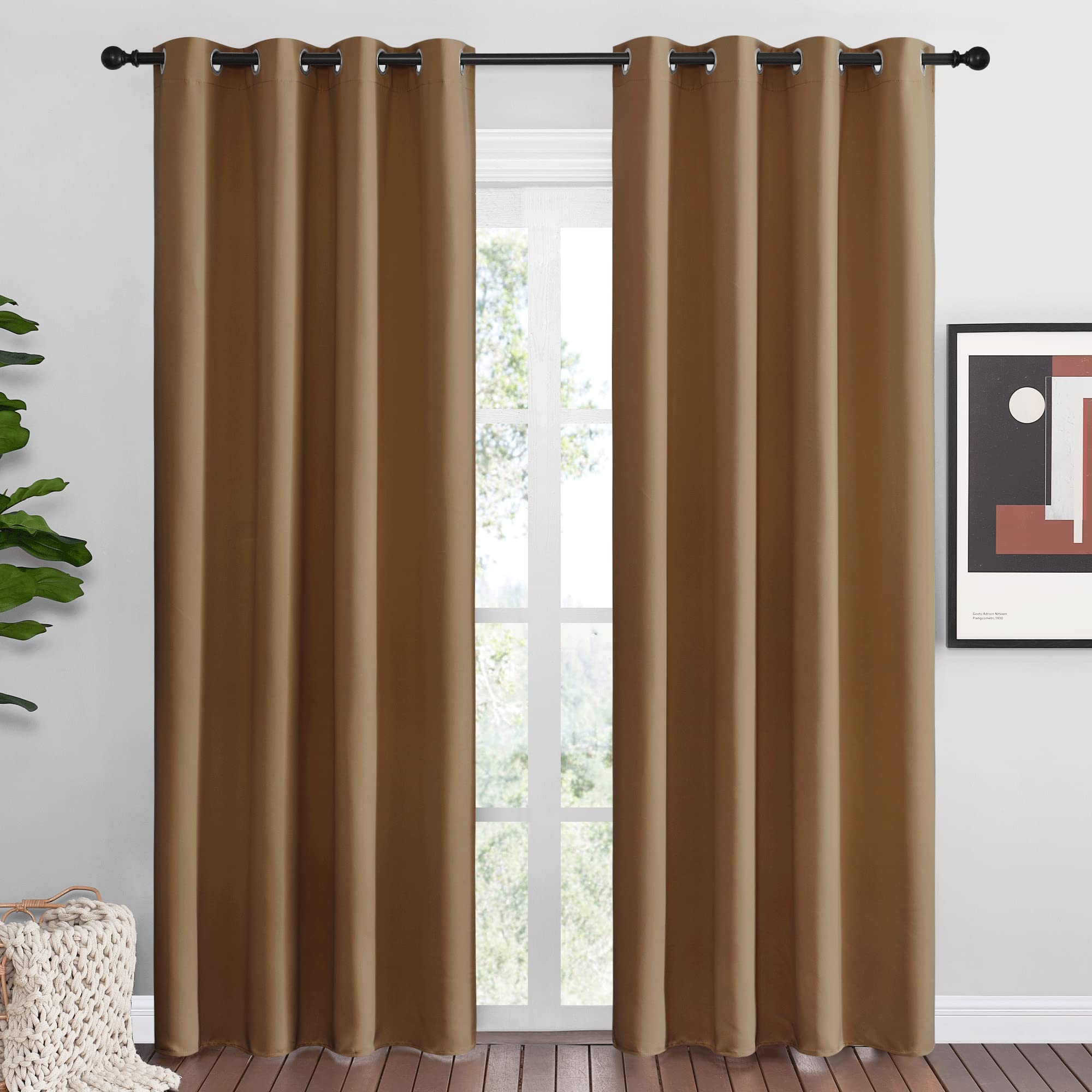 NICETOWN Sleek Blackout Curtains 86 inches Length for Small Windows, Noise Reducing and Block Draft Panels for Door Doorway Laundry Office Luxury Decor Theme (2 Panels, Gold Brown, W55 x L86 -Inch)