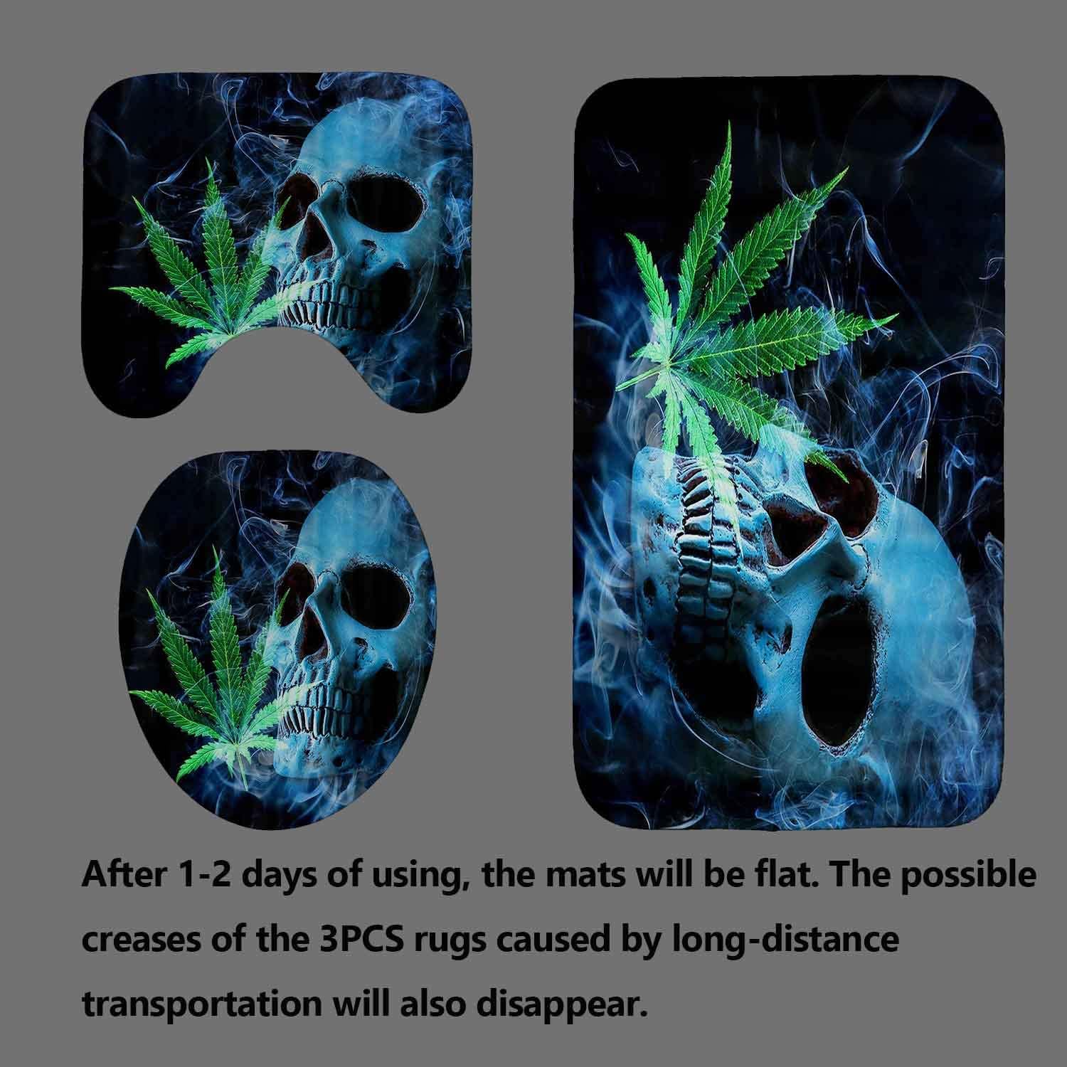 4PCS Blue Skull Shower Curtain Sets with Rugs, Green Leaf Halloween Gothic Scary Horror Cool Skeleton Boys Men Bathroom Decor, Waterproof Fabric Shower Curtain, Non-slip Bath Mat Bathroom Rugs