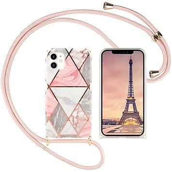 Herzzer For iPhone X/XS Girly Crossbody Plating Case with Strap Lanyard,Women Girls Cute Marble Pattern Shockproof Soft TPU Bumper Long Necklace Phone Case Cover,Pink White
