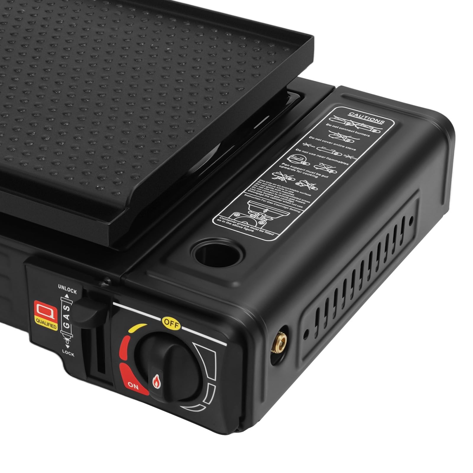 Fornello da campeggio a 2 fuochi, 166 g/h, butano, fornello a gas portatile con custodia, piastra grill e accensione piezoelettrica, serratura di sicurezza per barbecue all'aperto (nero)