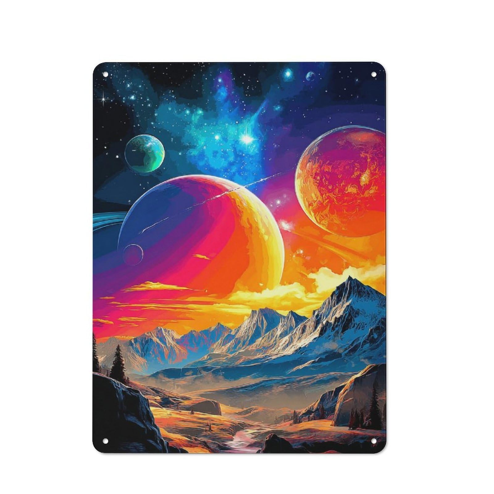 Junmoney Colorful Fantasy Landscape With Planets Retro Metal Sign 40X30cm For Living Room Or Hallway, For Updating Living Room And Hallway After Moving
