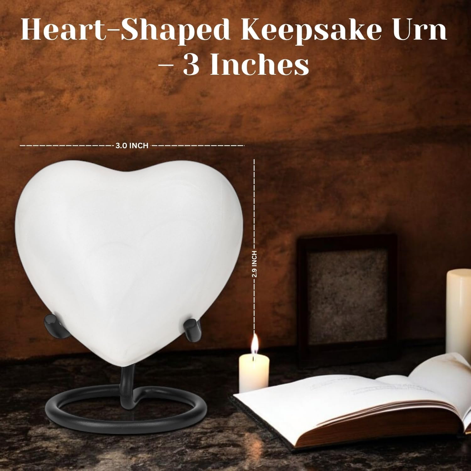 White Mini Heart Shaped Aluminum Keepsake Urn, Small Cremation Memorial Heart Urn with Stand and Box for Human or Pet Ashes 3 Cu in - Image 3