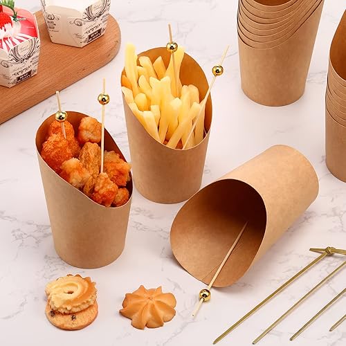 Miniatura 7 de Juego de 500 tazas desechables de papel para embutidos que incluye 100 tazas de papel kraft para aperitivos de 12 onzas con 400 palillos de bambú