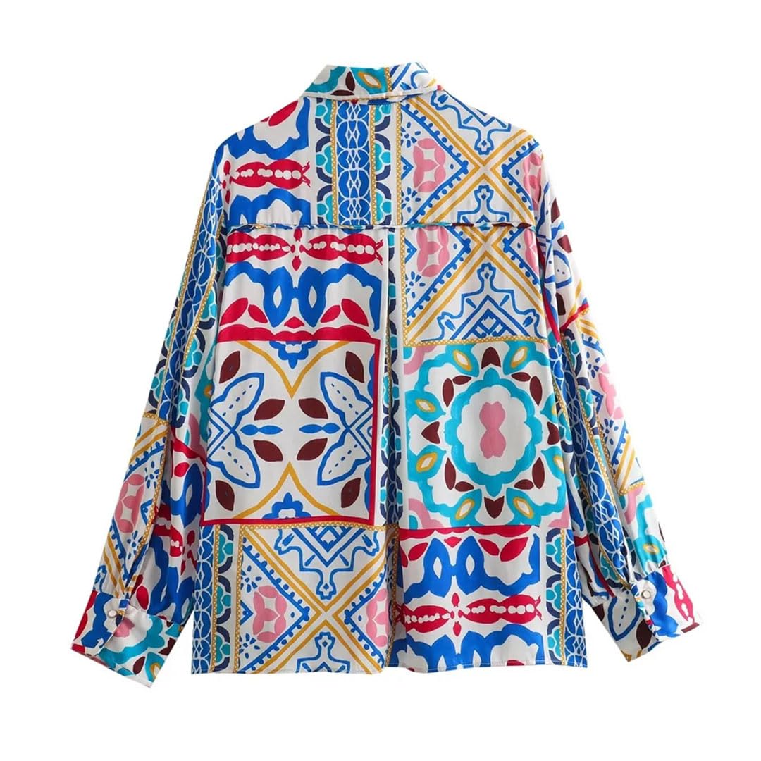 Spring - Camicia da donna versatile con risvolto ampio, a maniche lunghe, con stampa