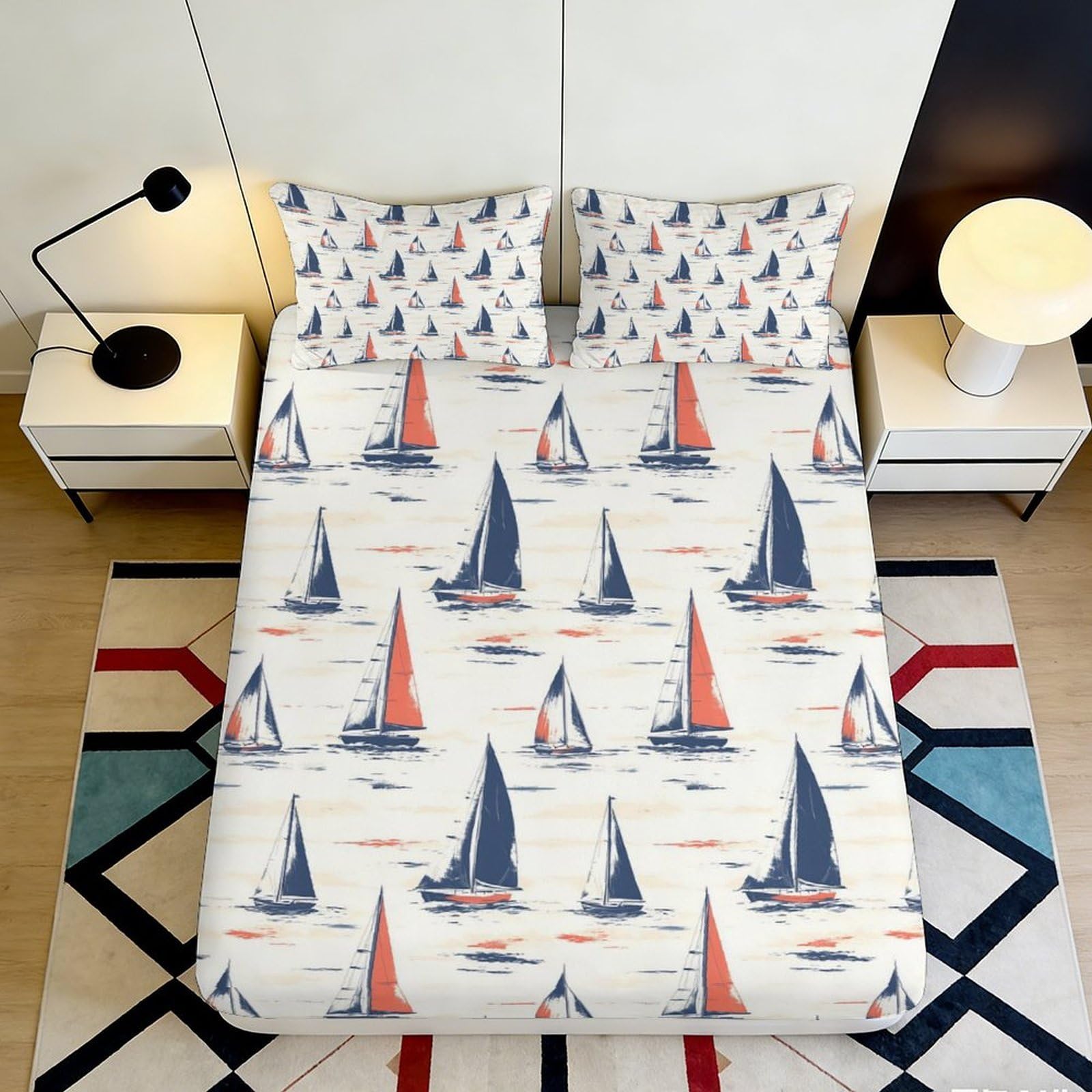 3D Printed Sailing Boat Fitted Sheet Microfiber Soft Breathable Nautical Sea Mattress Cover for Bedroom Dorm Mattress Protection Decor 200x200x25cm