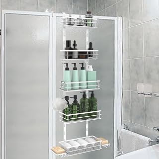 Over the Door Shower Caddy, 5-Tier Adjustable Hanging Shower Organizer Rustproof Metal Bathroom Storage Shelf Shower Basket with Soap Holder & Suction Cup for Shampoo, Conditioner, White