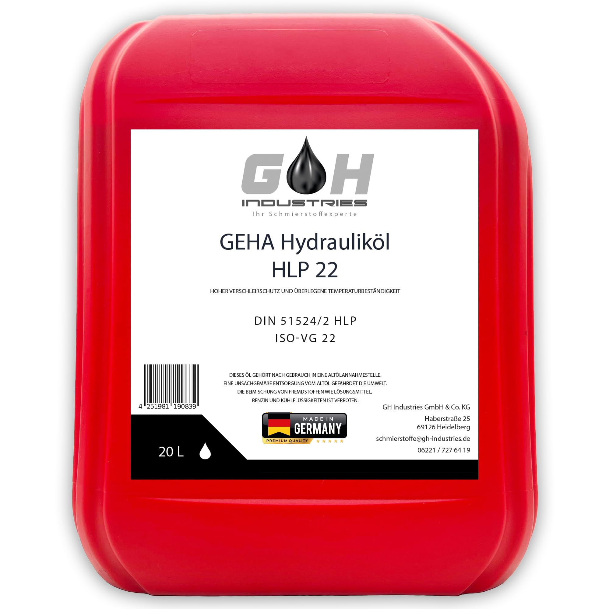 20 L Hydrauliköl HLP 22 ISO VG 22 nach DIN 51524/2 HM GEHA Kanister 20 Liter