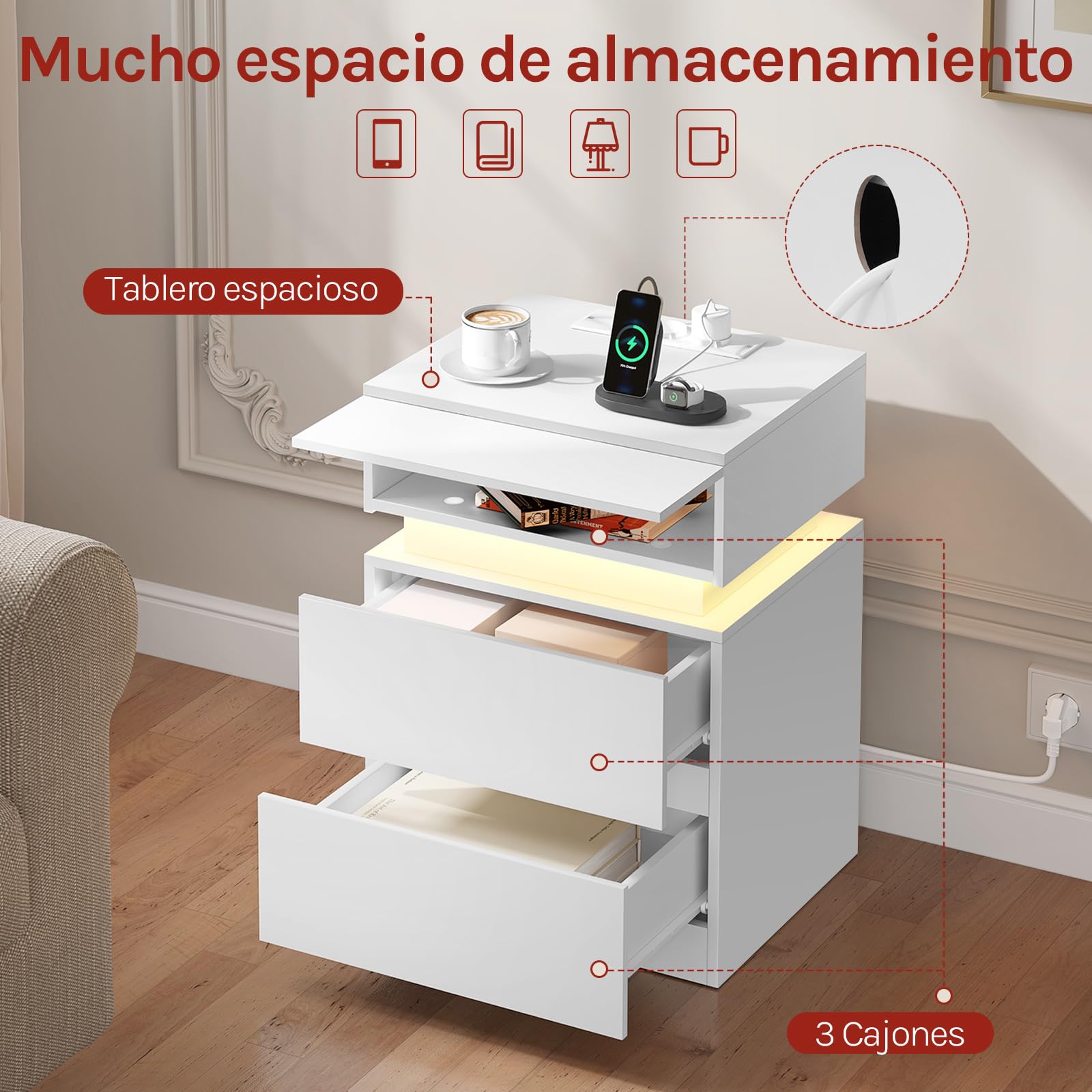 WOLTU Mesita Noche con Estación Carga, Mesa Auxiliar con Luz LED, 2 Cajones, 2 Puertos y 2 Enchufes, Mesilla para Dormitorio y Sofa, Blanco, NTS23ws