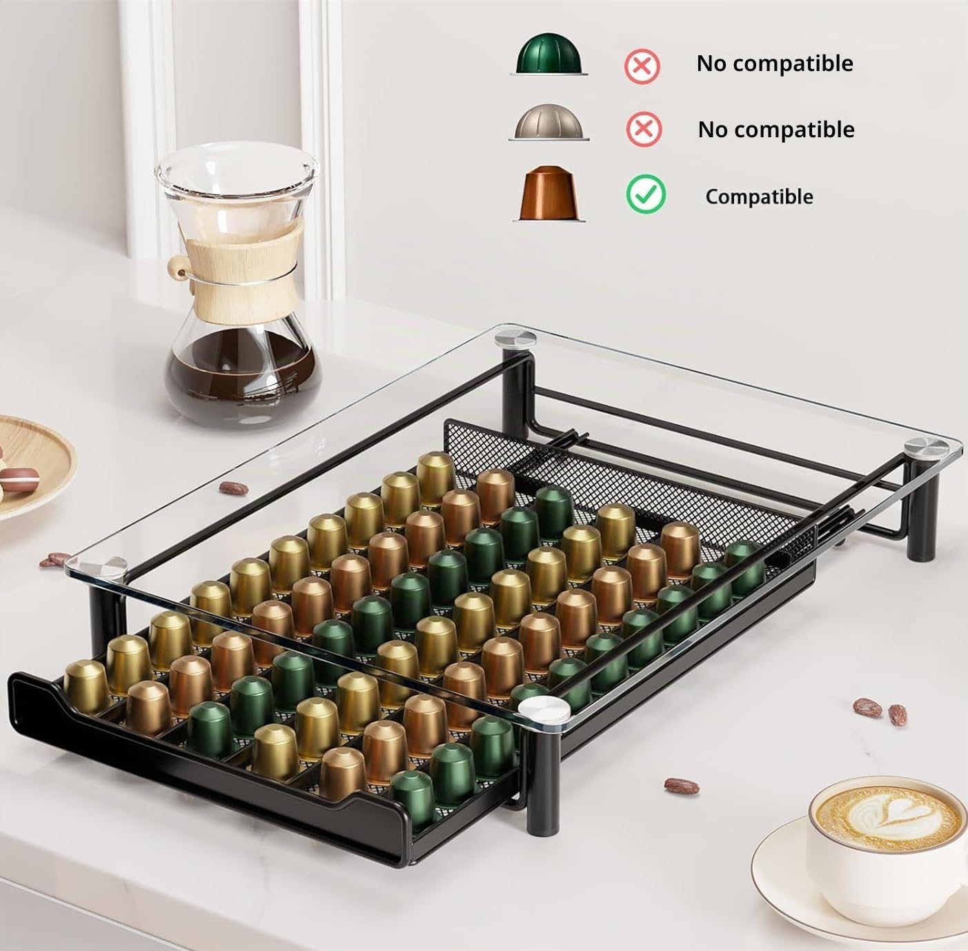 Cajón de almacenamiento de cápsulas de café de vidrio templado compatible con cápsulas Nespresso, organizador con capacidad para 60 cápsulas de línea original, organizador de cocina